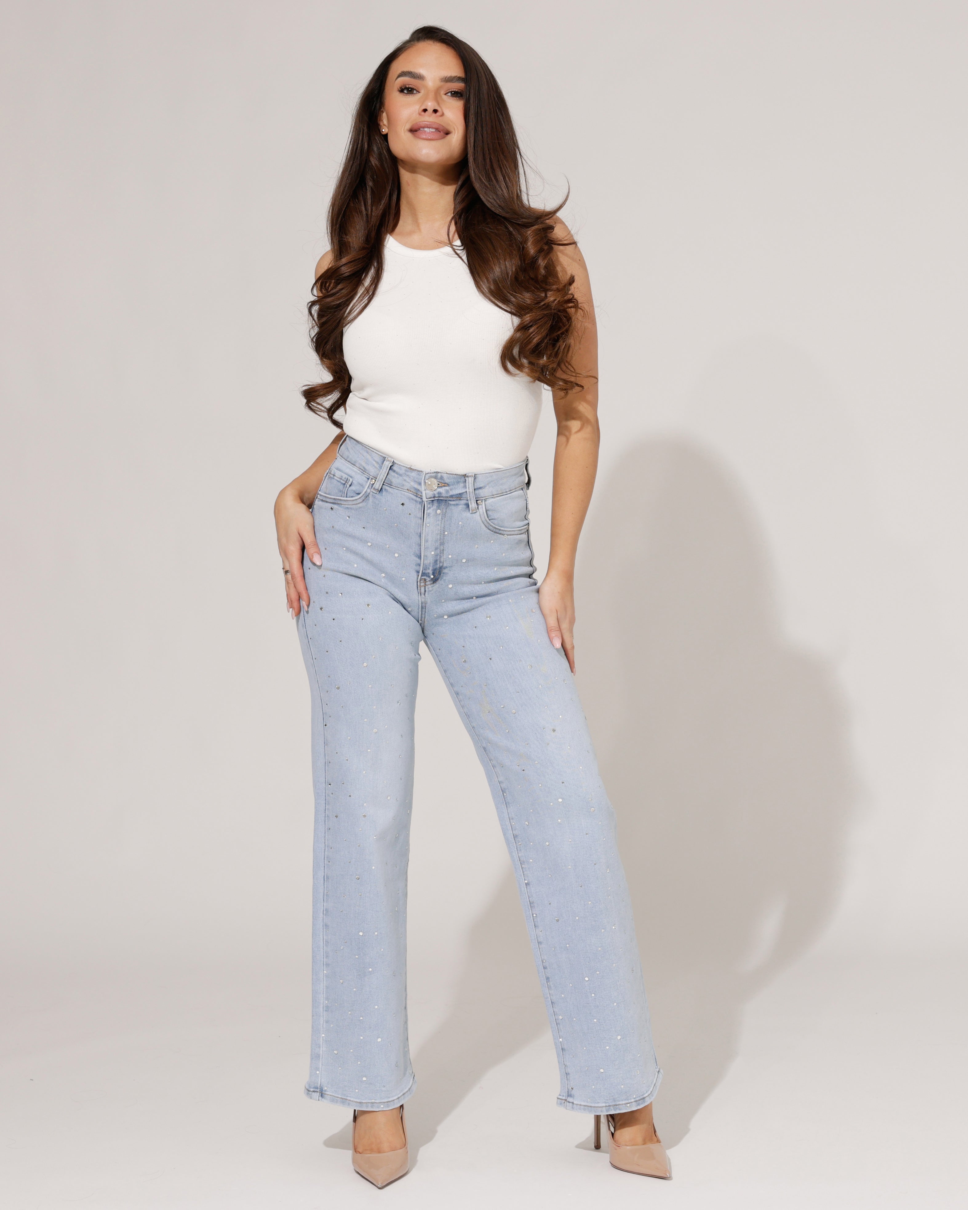 Goodies | Wide leg jeans strass Cherry Blauw
