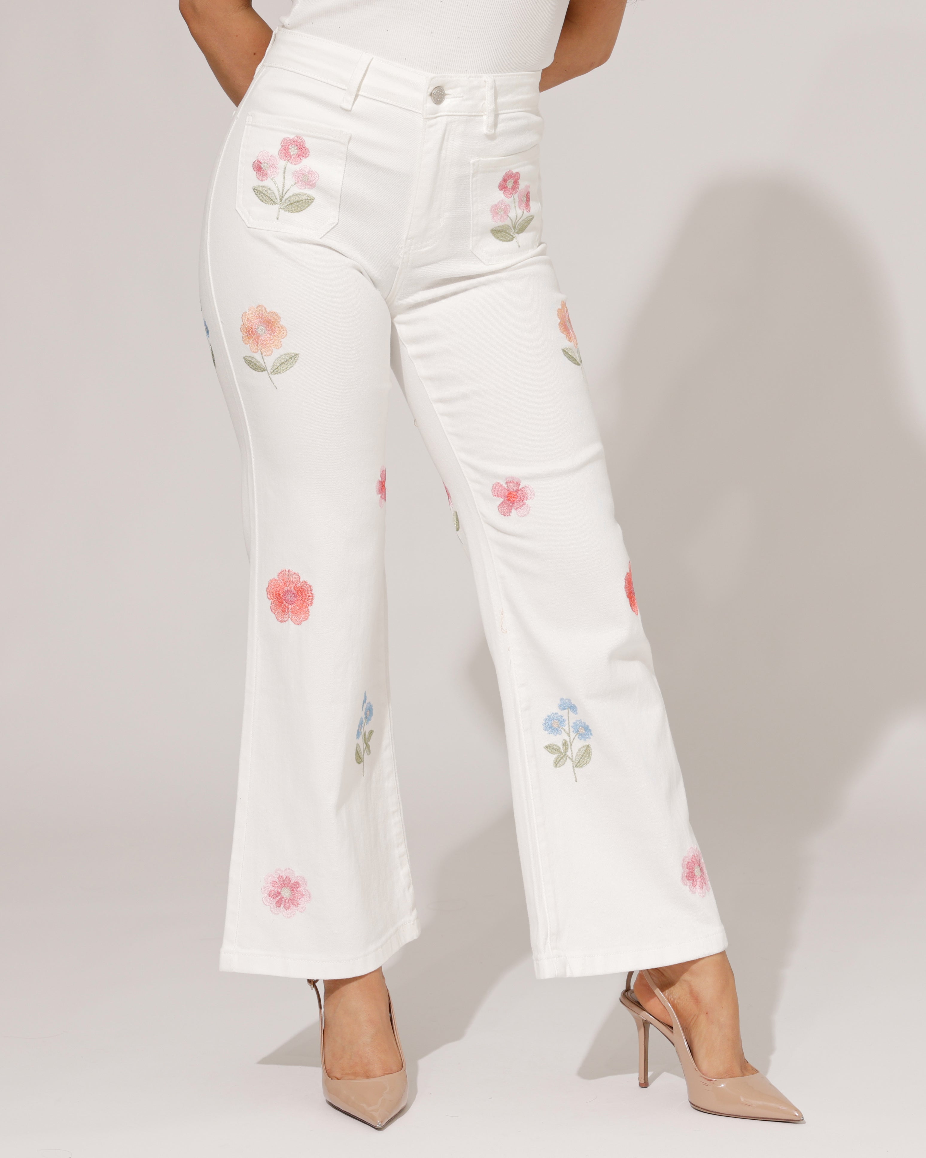Maison Onado | Wide leg jeans met bloemen Bibi-OW Wit