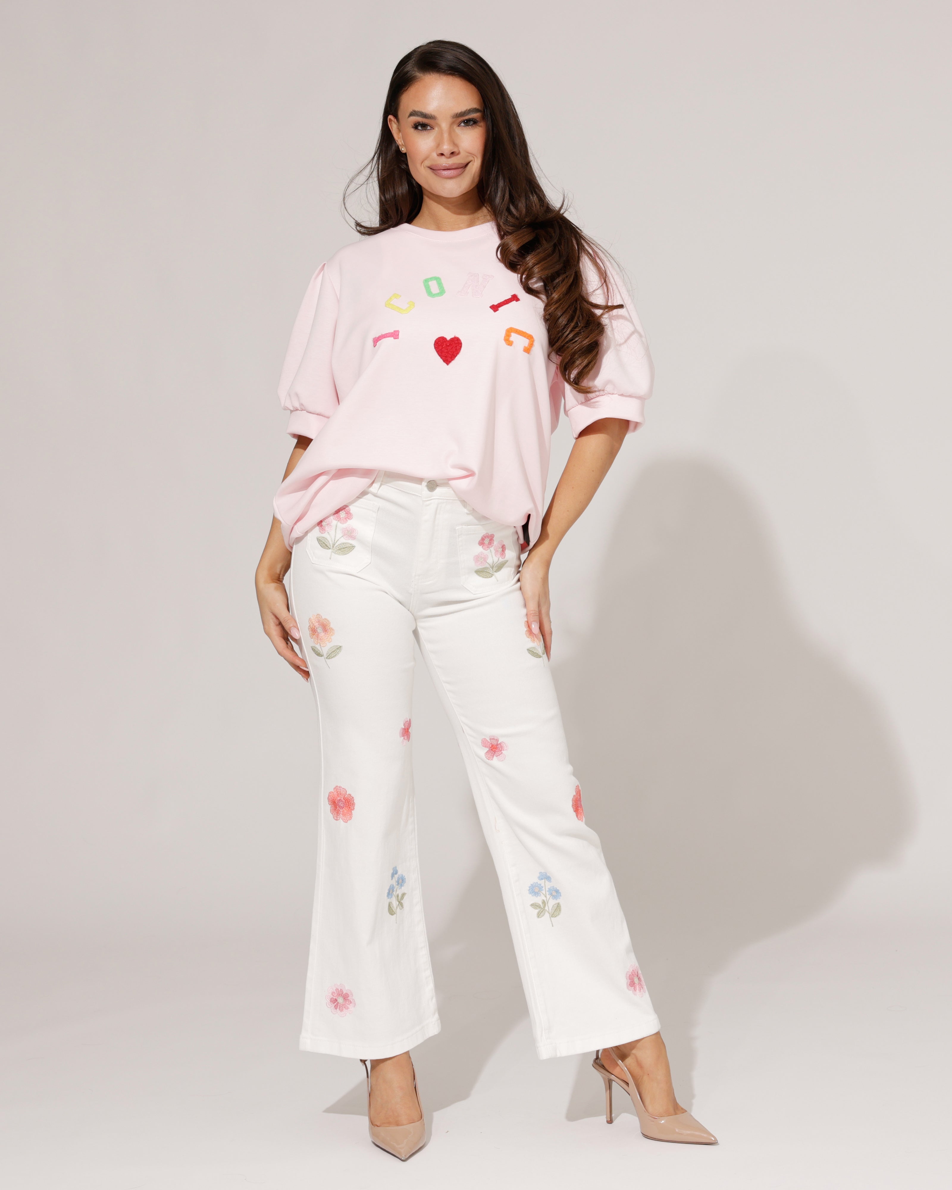 Maison Onado | Wide leg jeans met bloemen Bibi-OW Wit