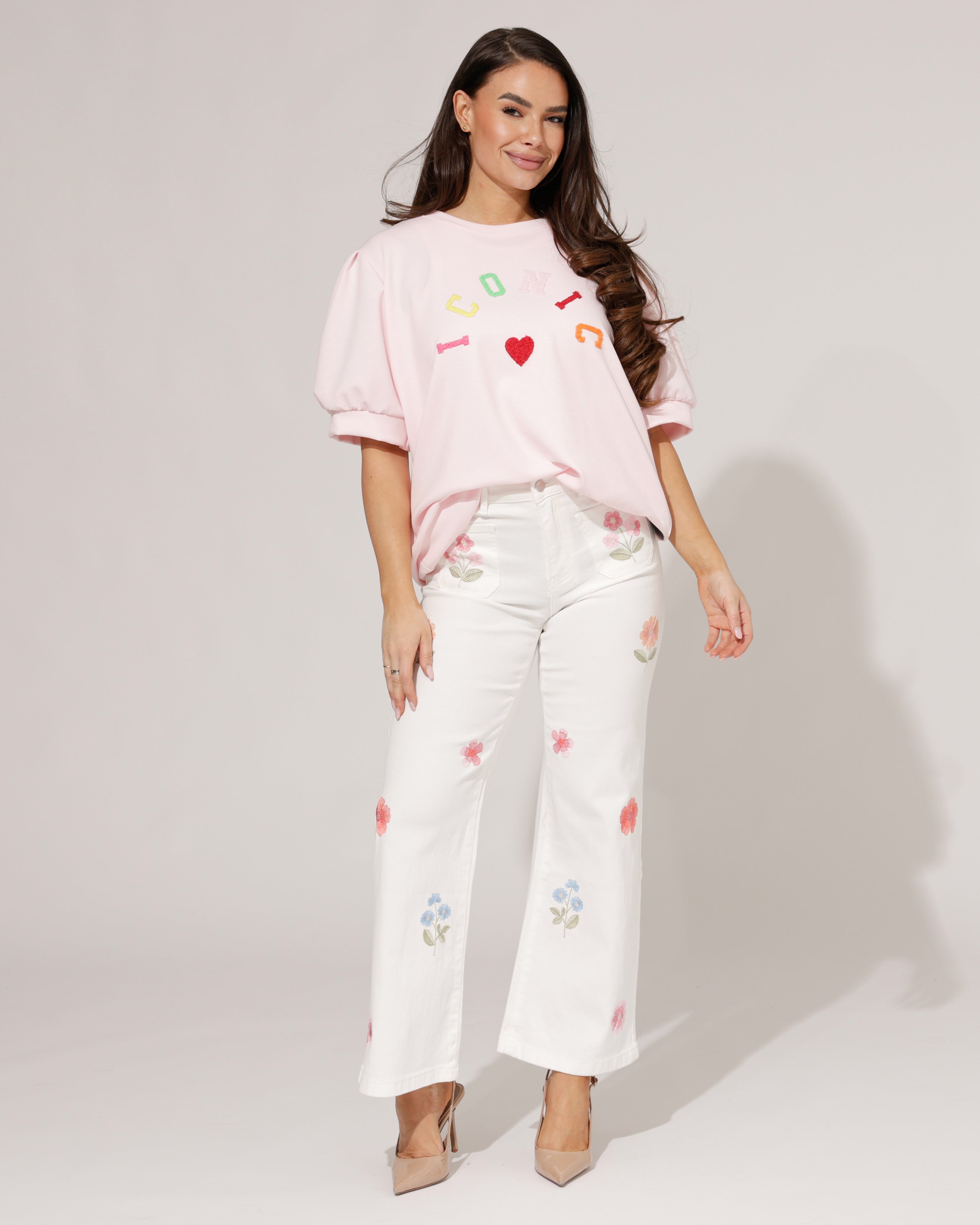 Maison Onado | Wide leg jeans met bloemen Bibi-OW Wit