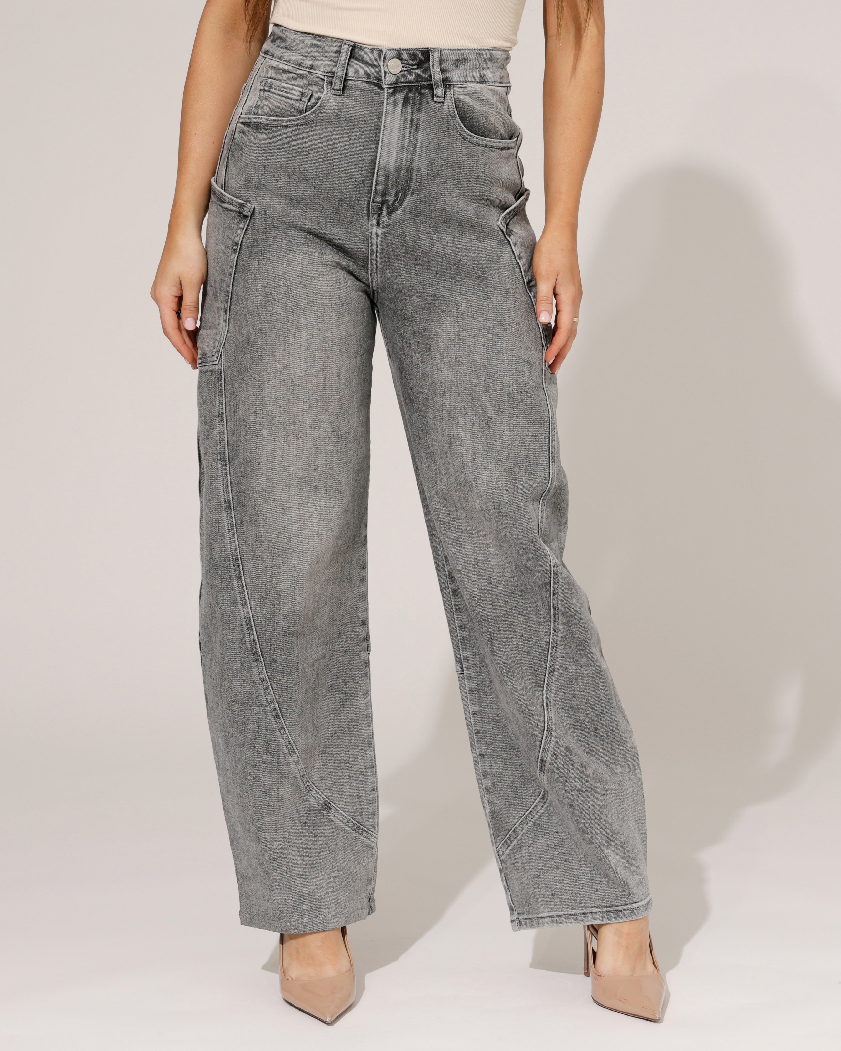 Hello Miss | Barrel jeans Selly-3 Donkergrijs