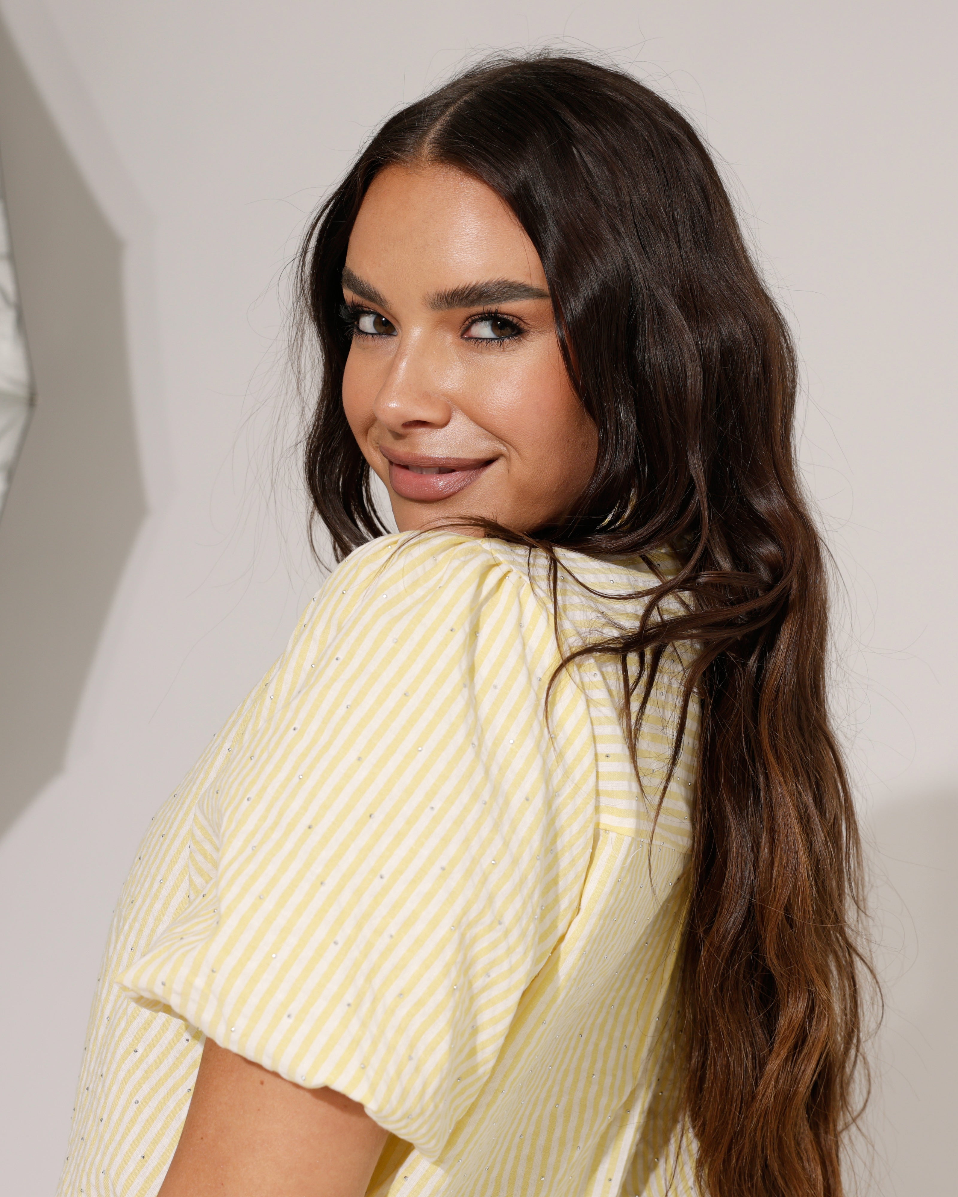Gestreepte blouse pof mouw Lesley Geel