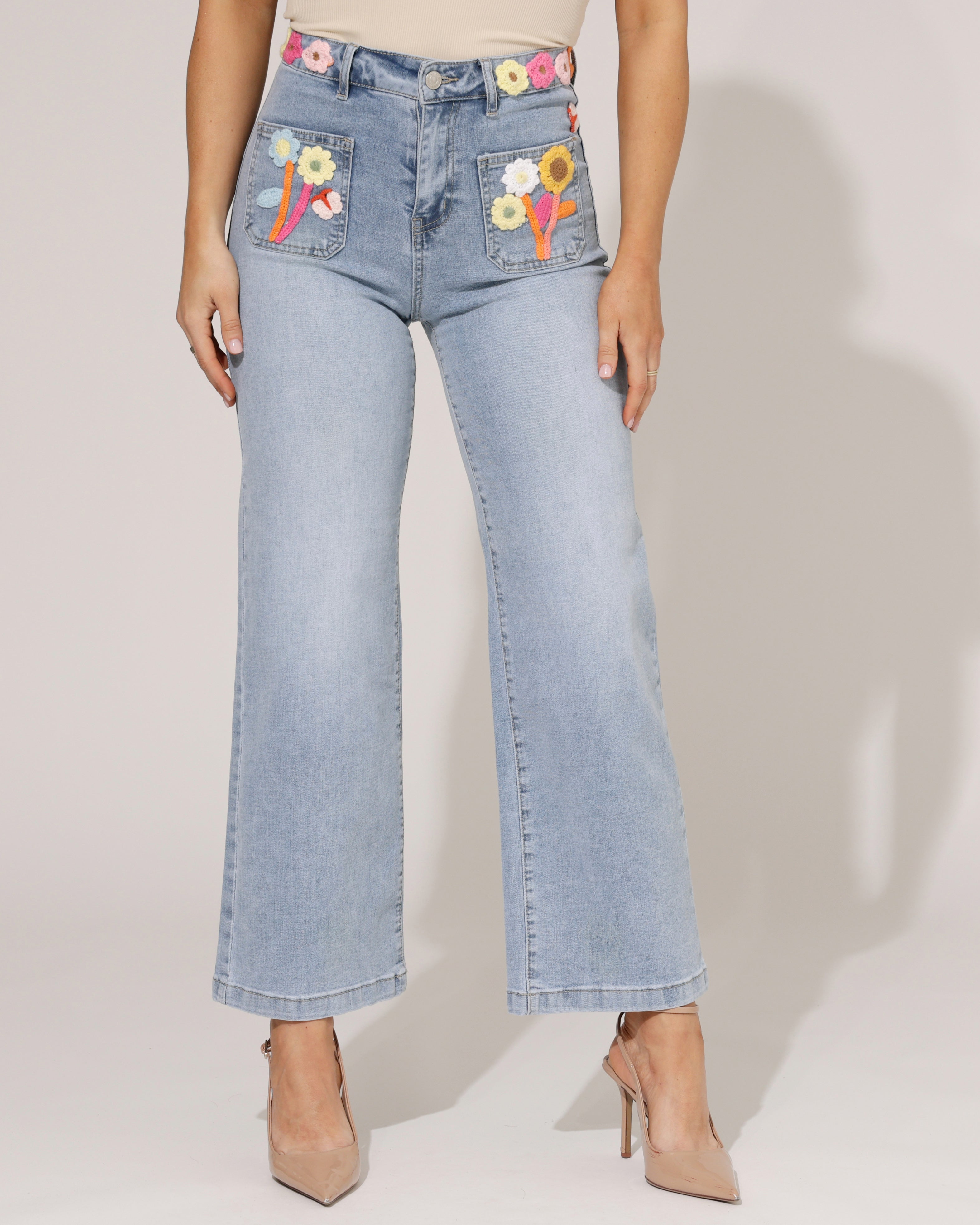 ZAC & ZOE | Wide leg jeans geborduurde bloemen Rendy-N Lichtblauw