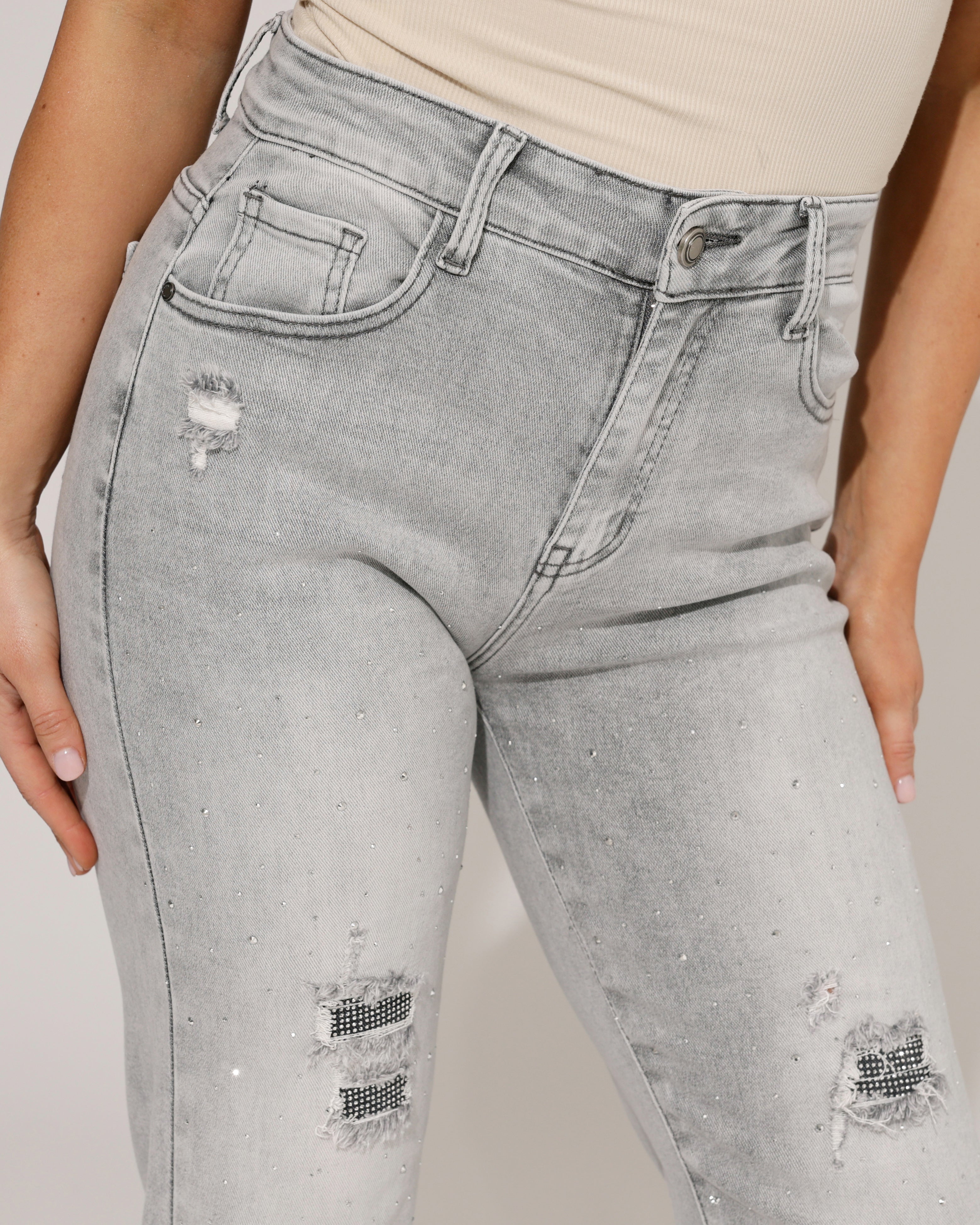 Hello Miss | Mom jeans strass Senny-2 Grijs