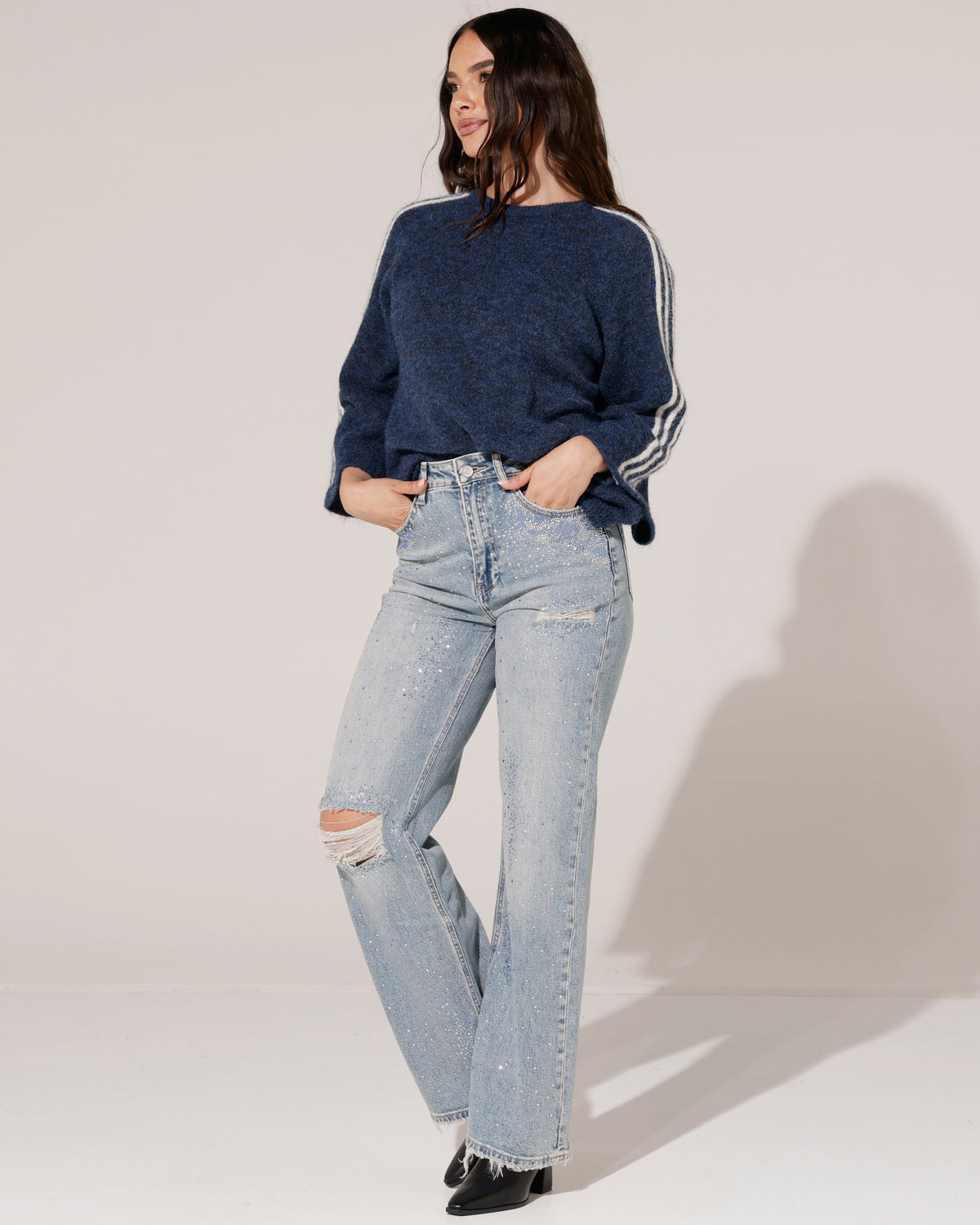Queen Hearts | Wide leg jeans met strass Yaya Blauw