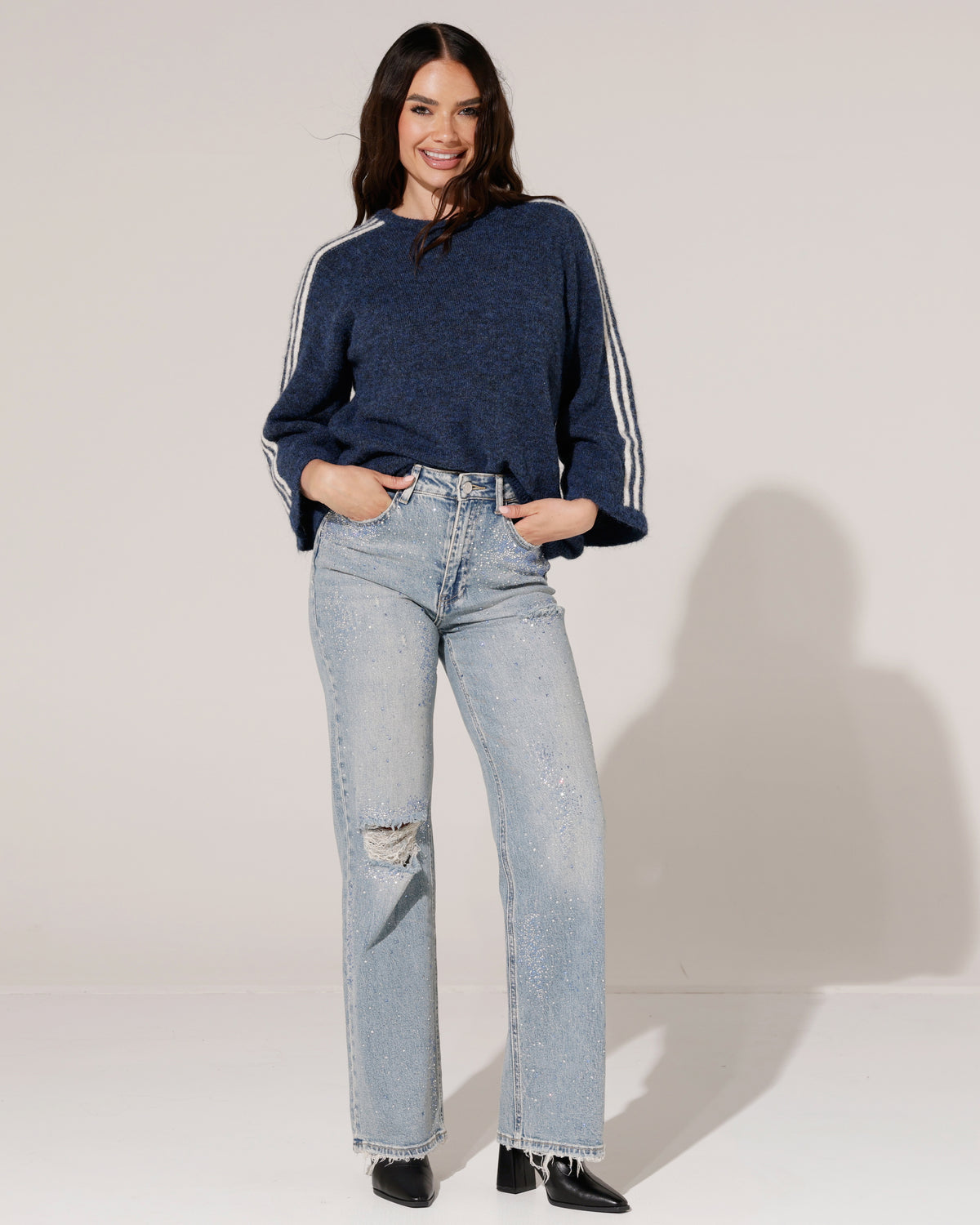 Queen Hearts | Wide leg jeans met strass Yaya Blauw