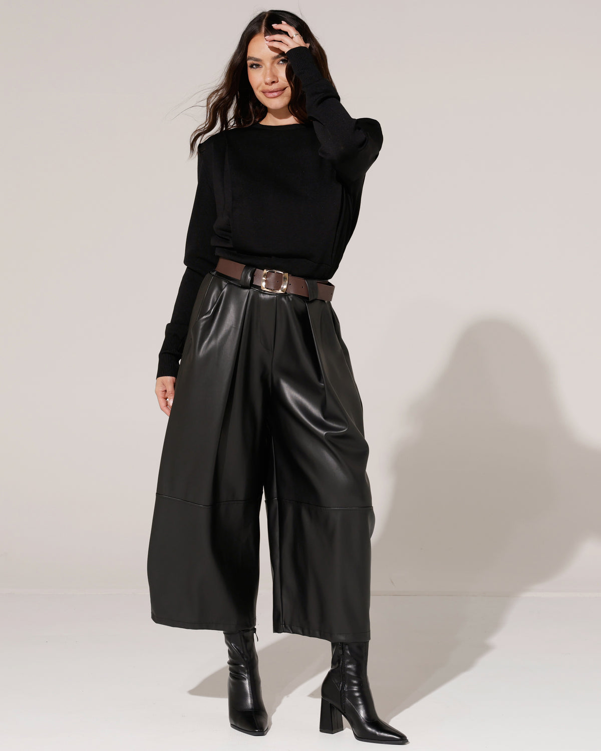 Leatherlook wide leg broek Babs Zwart