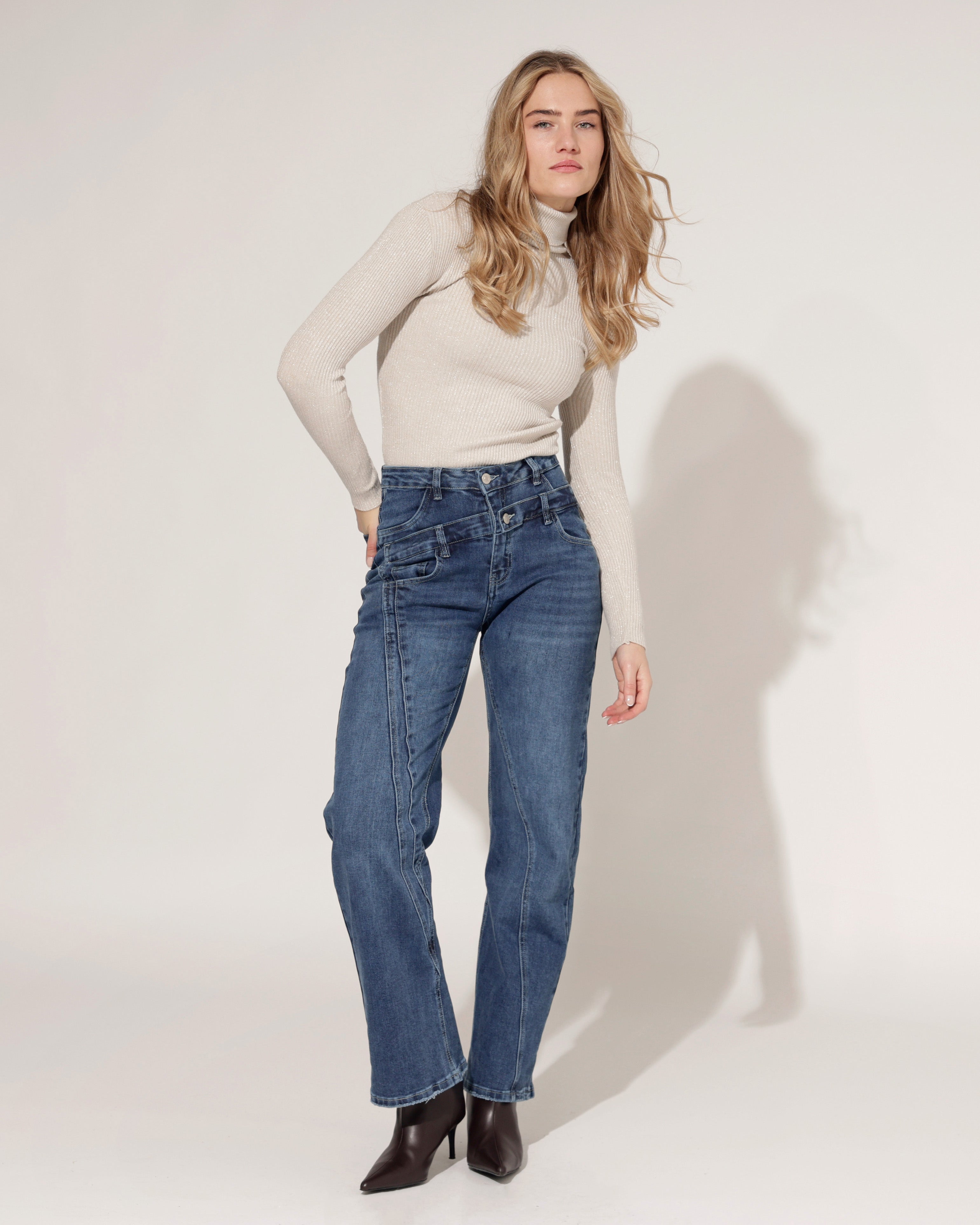 Hello Miss | Wide leg jeans, double taille Tina-9 Donkerblauw