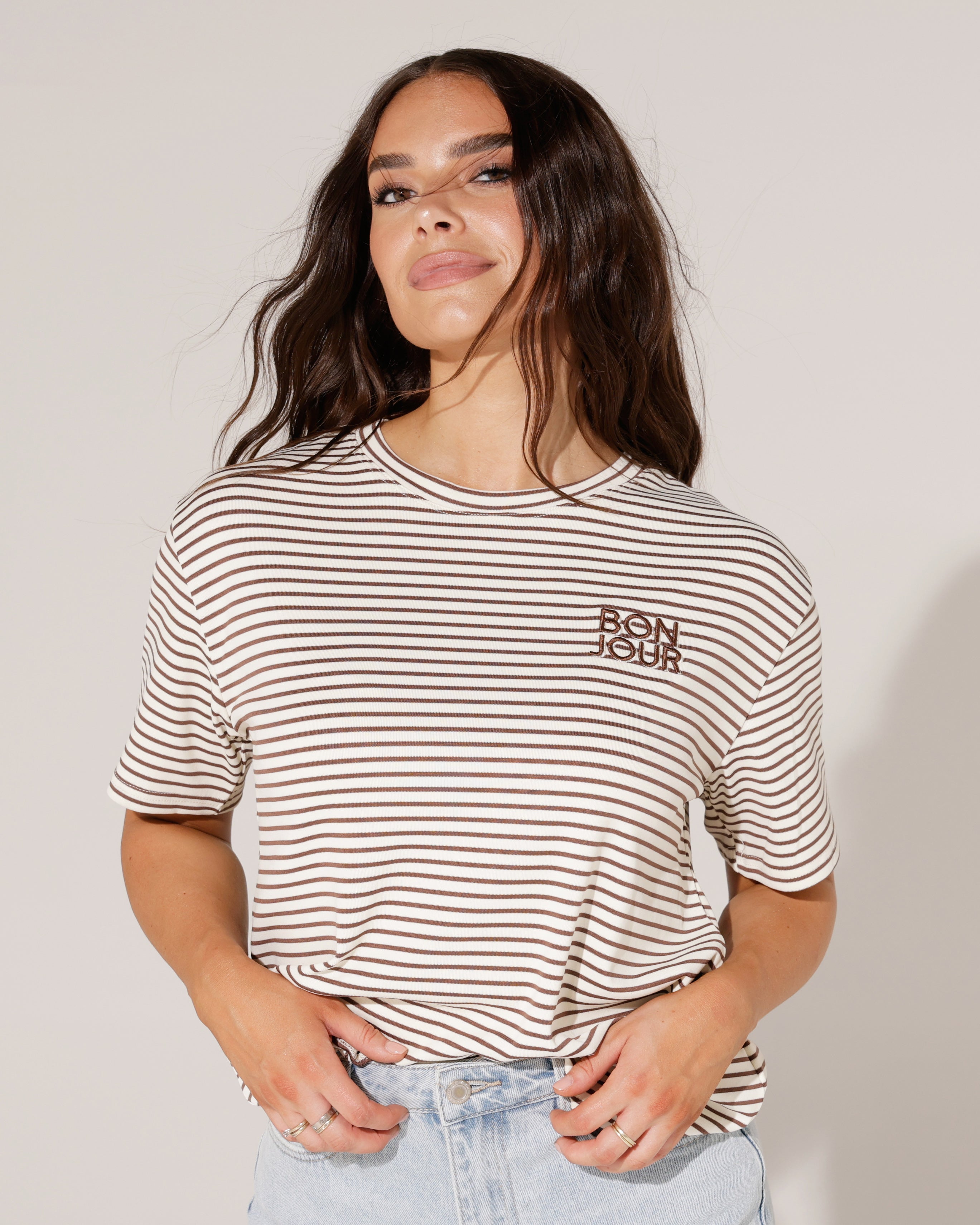 Gestreept T-shirt Bonjour Bruin