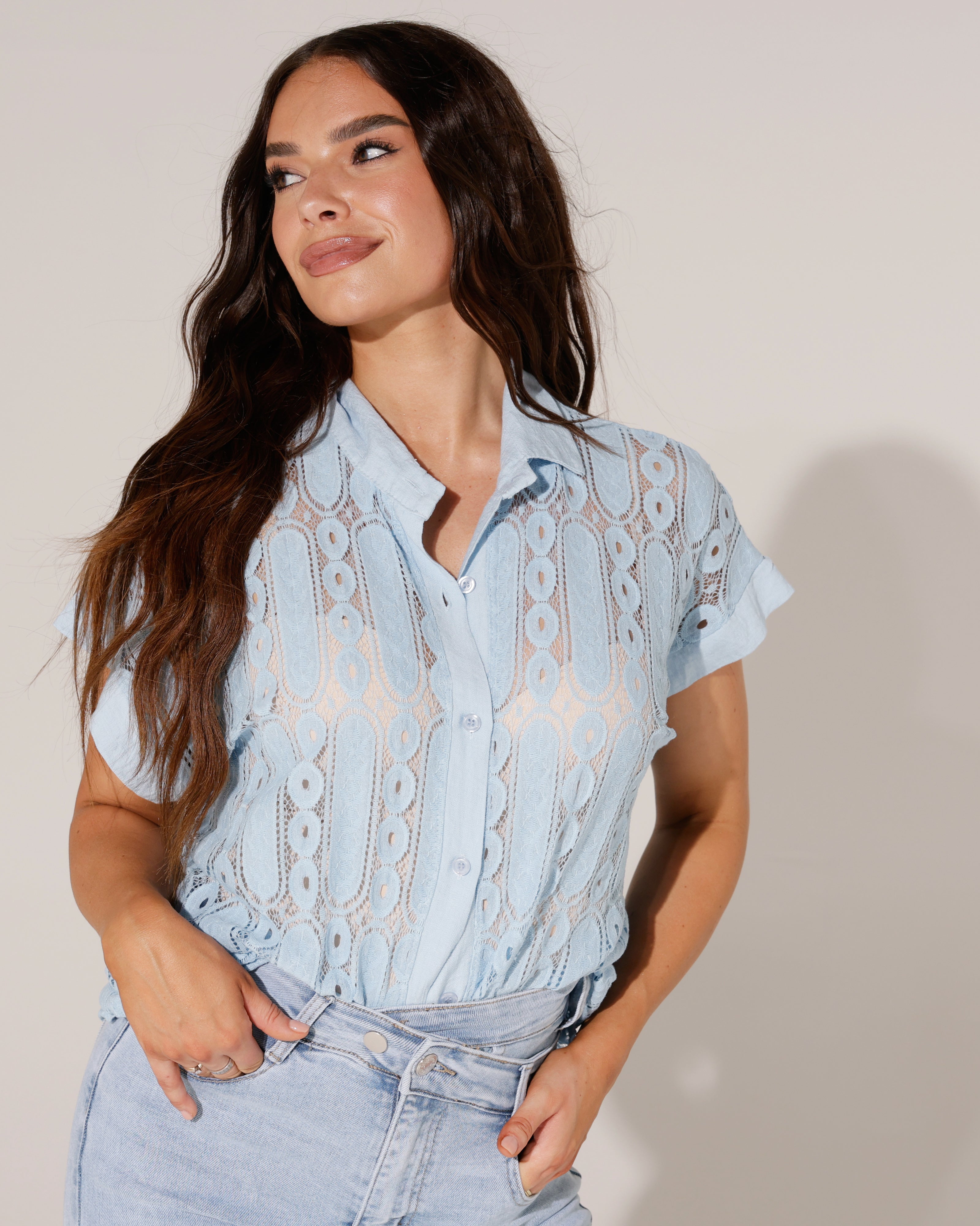 Blouse broderie Nova Lichtblauw