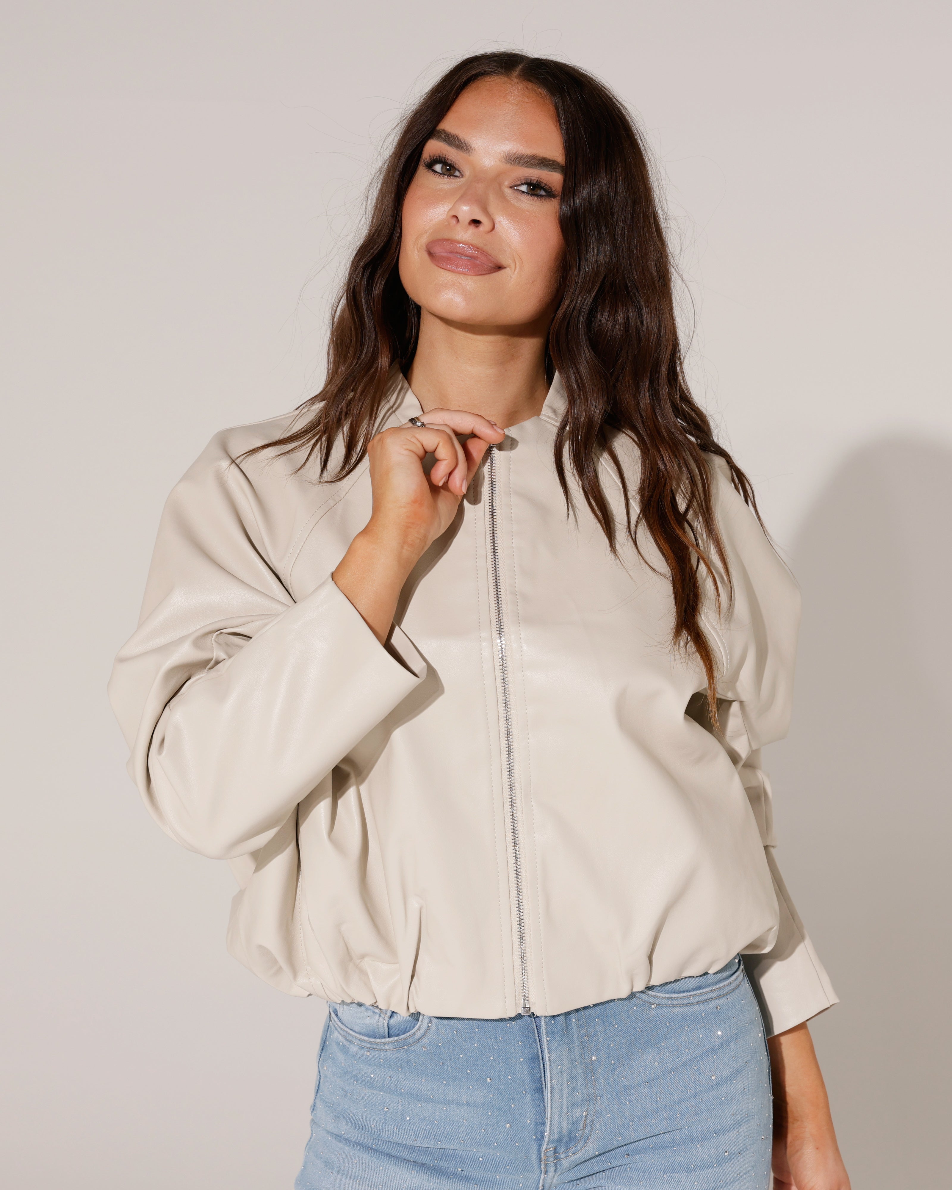 Lederlook bomberjack Jula Beige