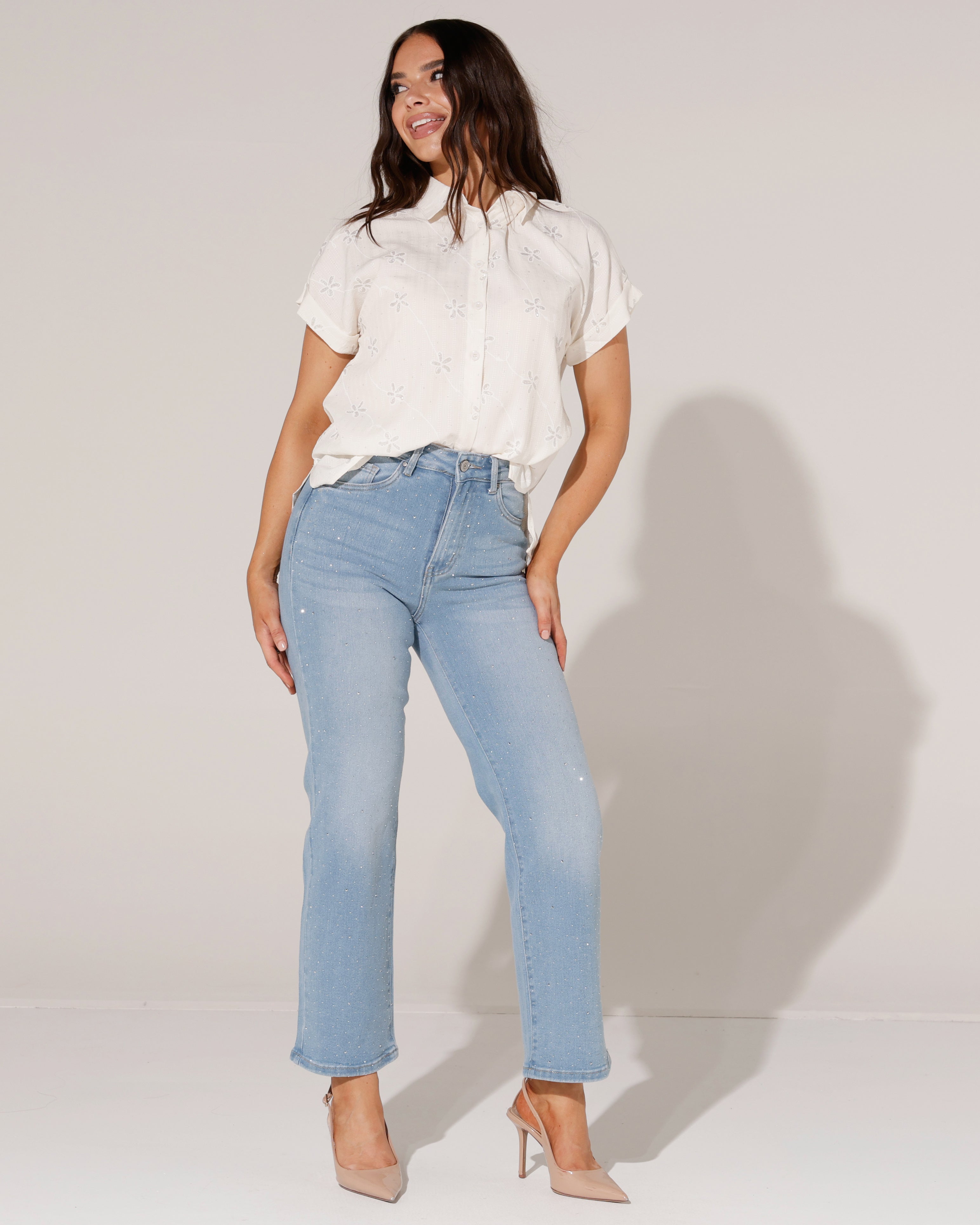 Redseventy | Wide leg jeans strass Syl-16 Lichtblauw