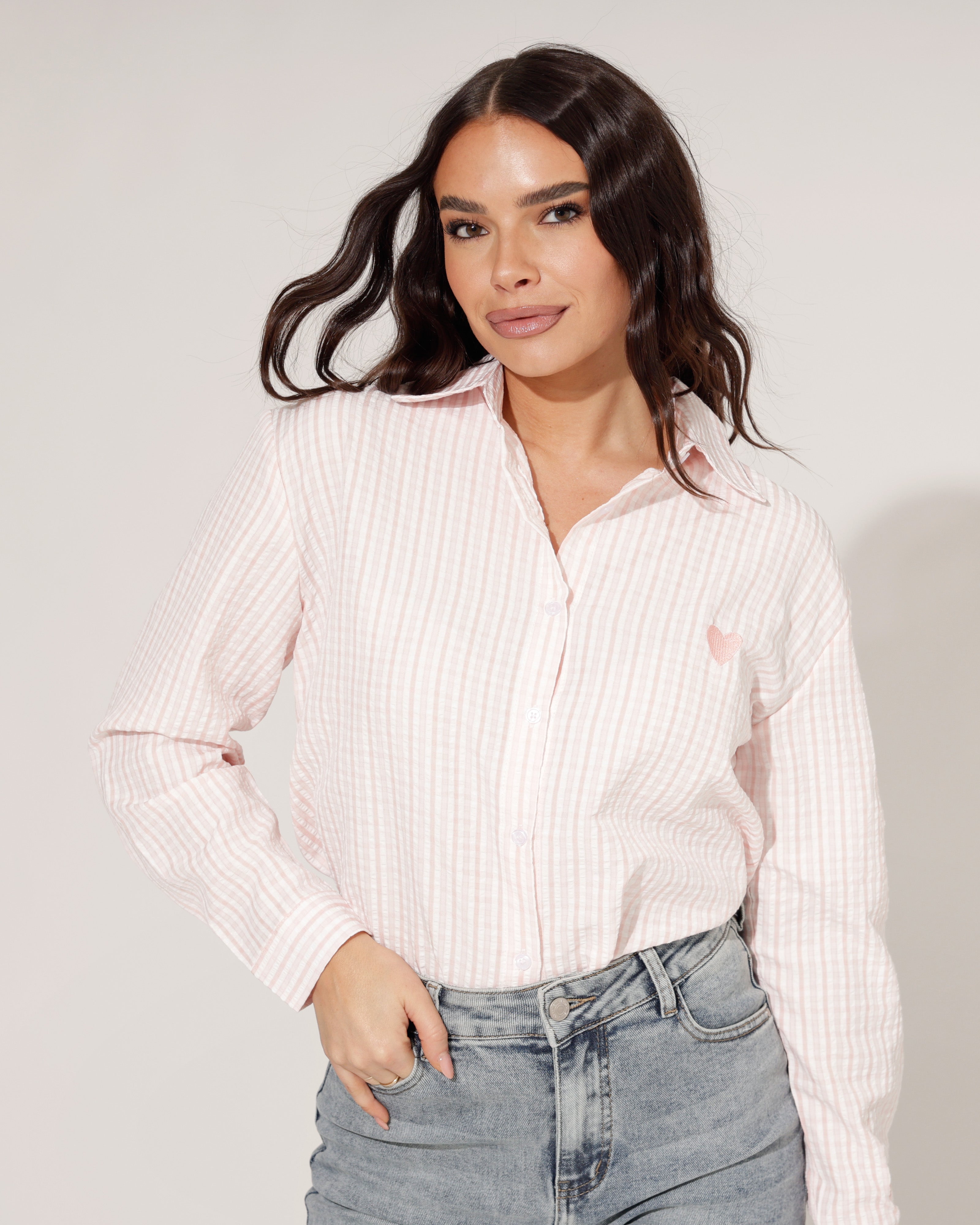 Blouse met streepjes en hartje Lichtroze