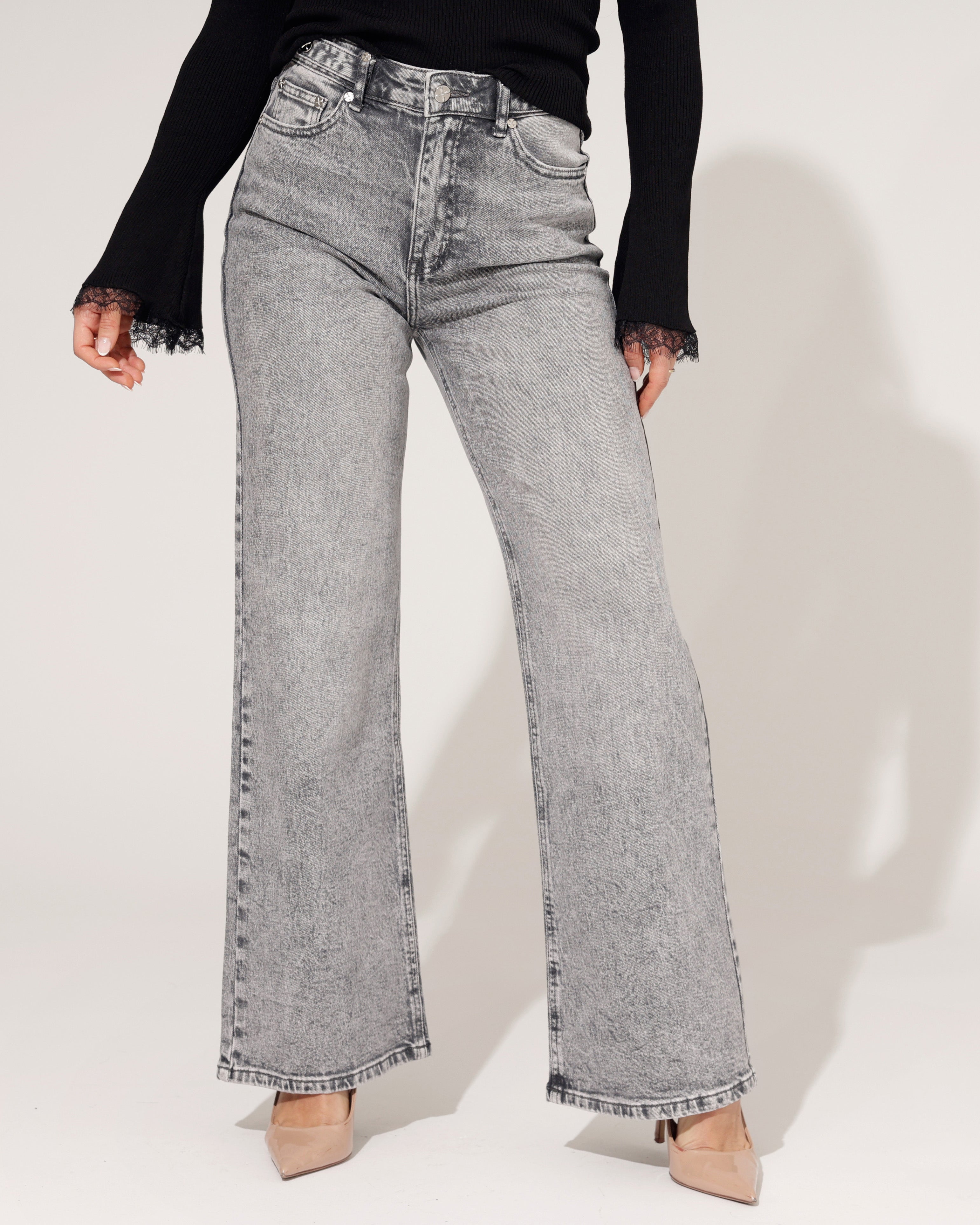 Queen Hearts | Wide leg jeans Joelle-3 Grijs/ Zilver