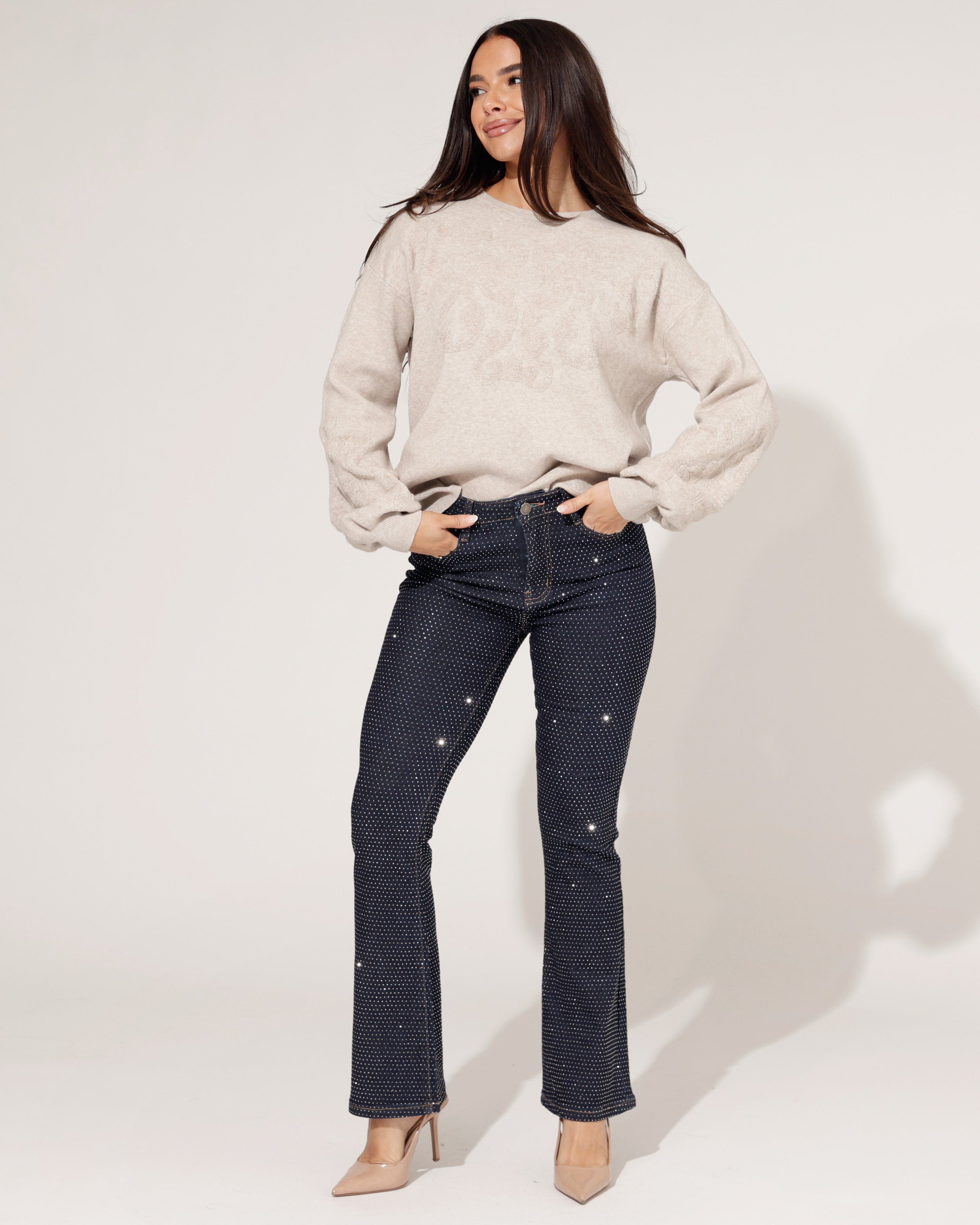 Folyrose | Flared jeans met strass Joanne Donkerblauw