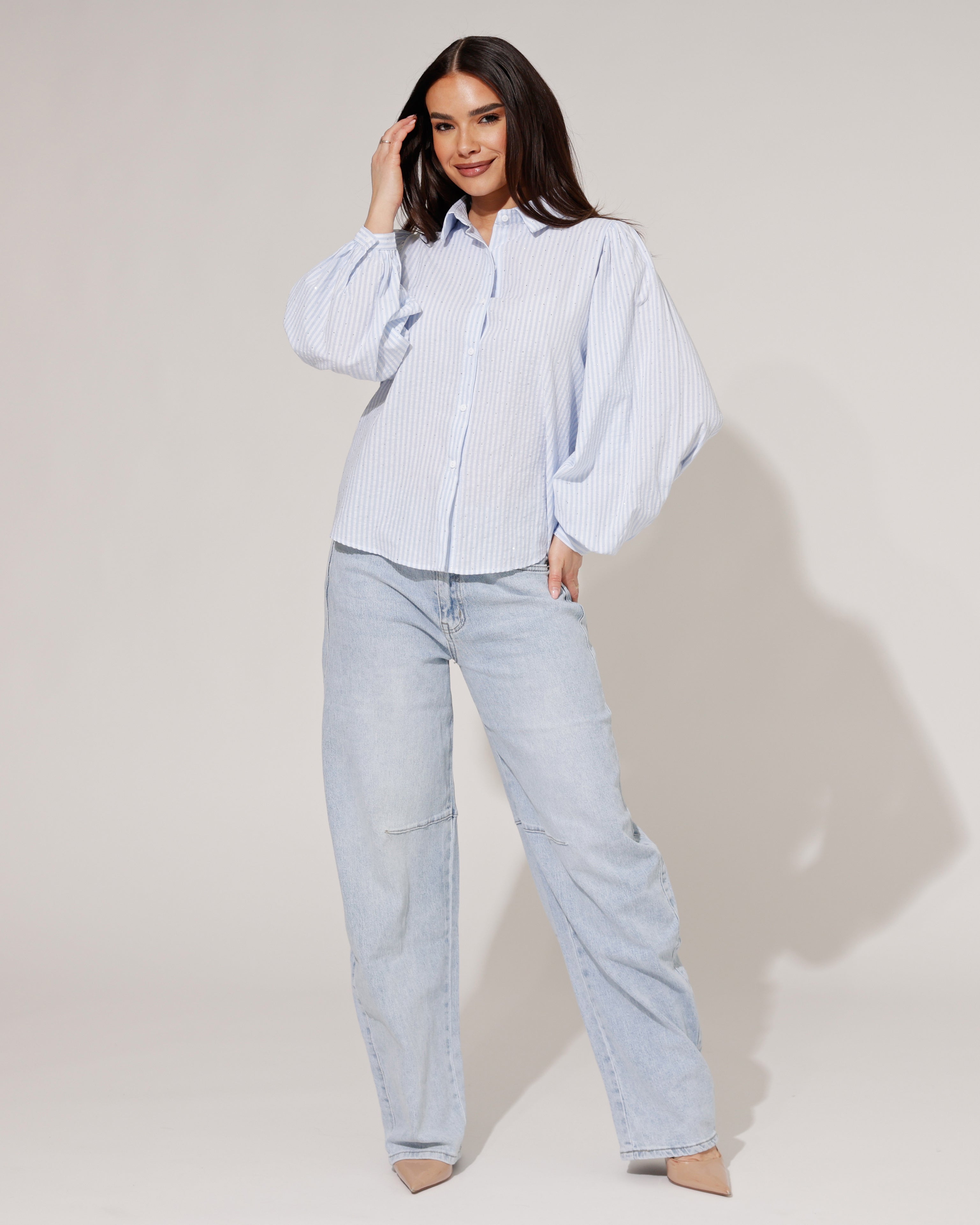 Gestreepte blouse met stras Yilse Lichtblauw