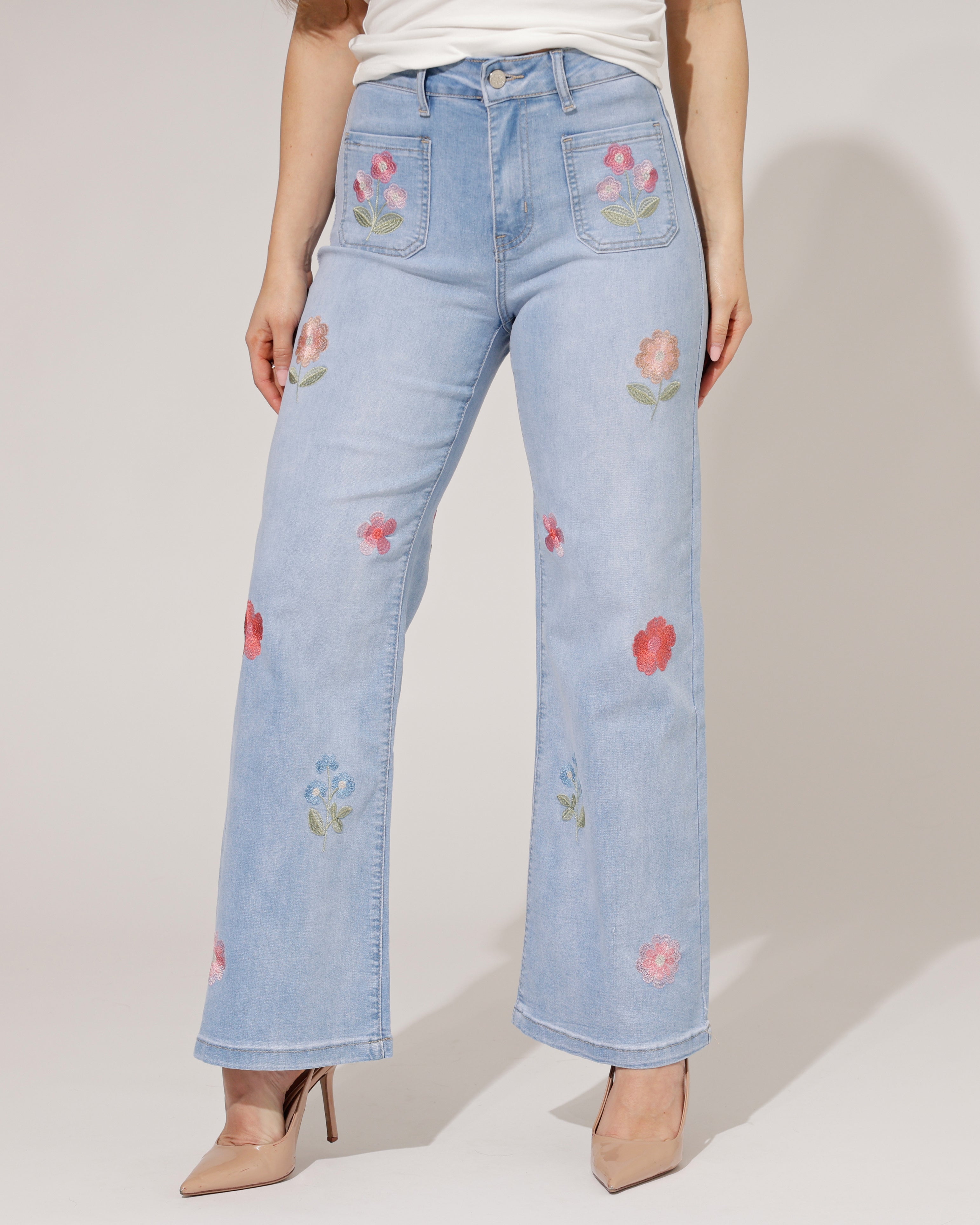 Maison Onado | Wide leg jeans met bloemen Bibi-N Lichtblauw