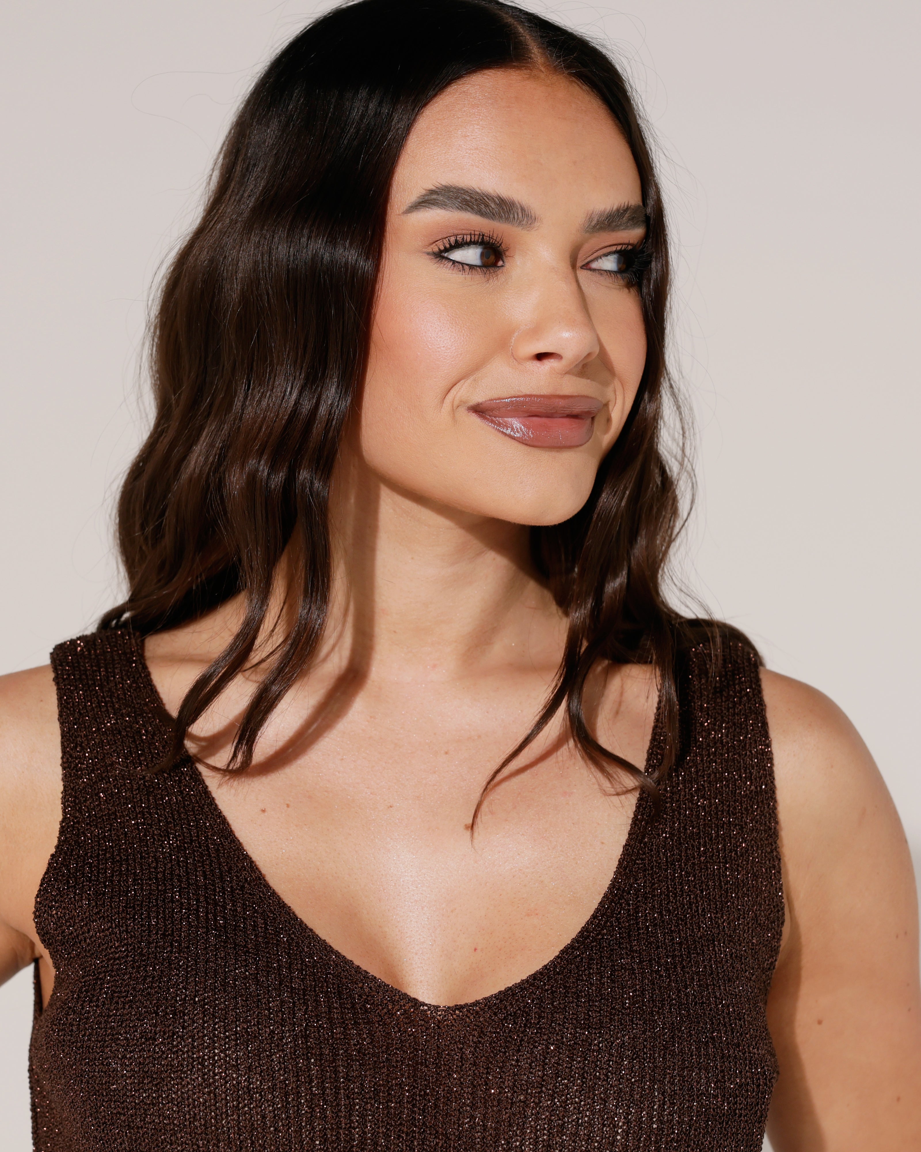 Glitter top met V-hals Zoe Donkerbruin