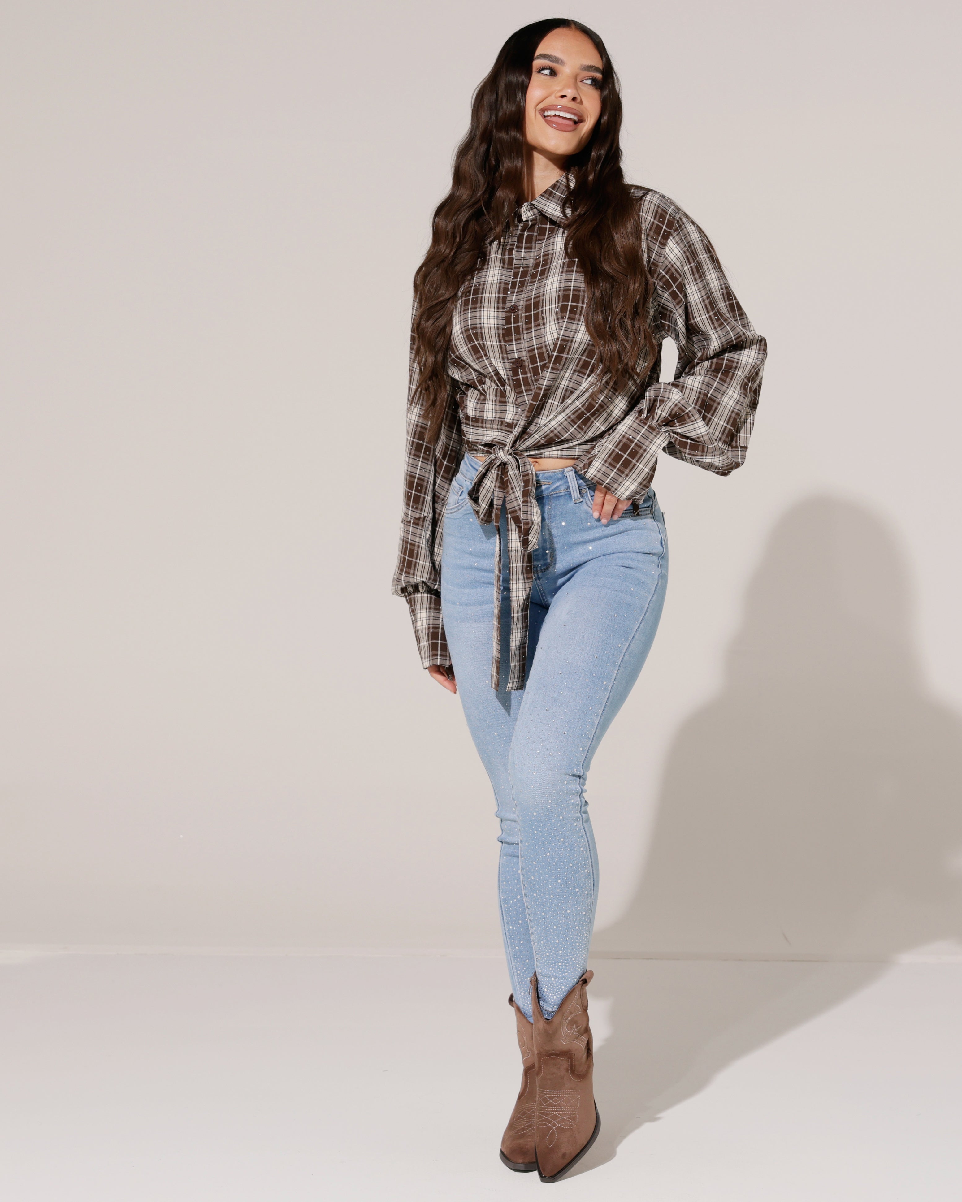 Geruite blouse met strik en strass Frenn Bruin