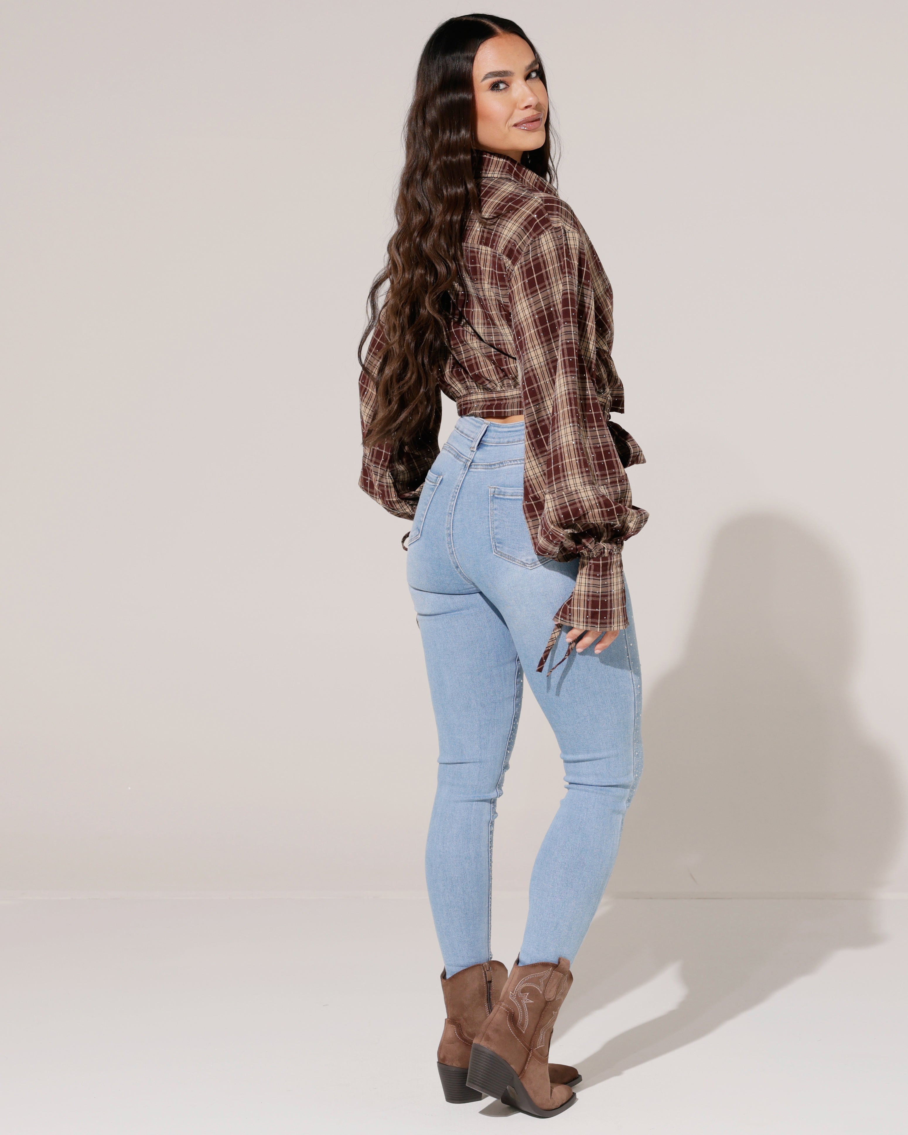 Geruite blouse met strik en strass Frenn Bordeaux