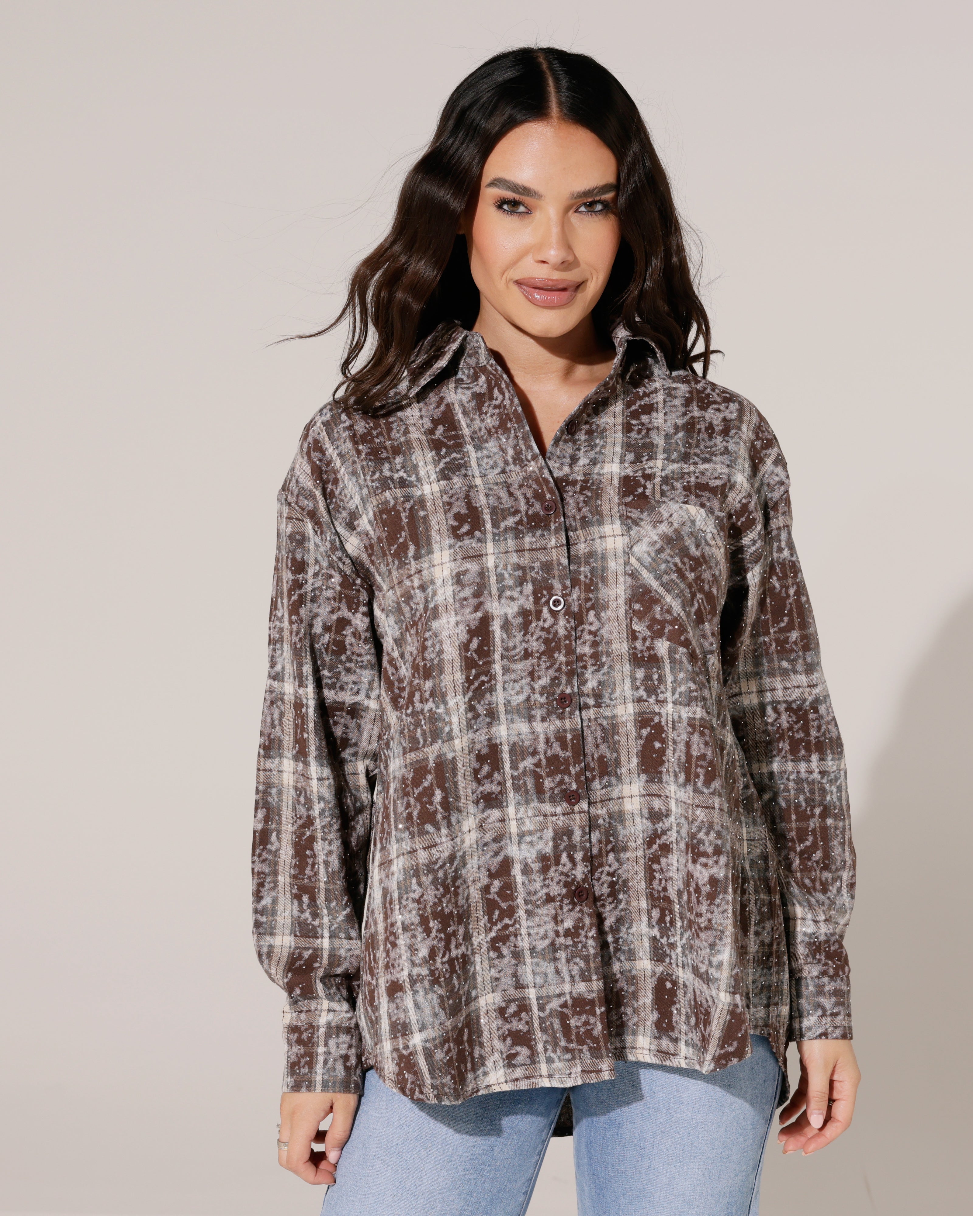 Geruite blouse met strass Simone Donkerbruin