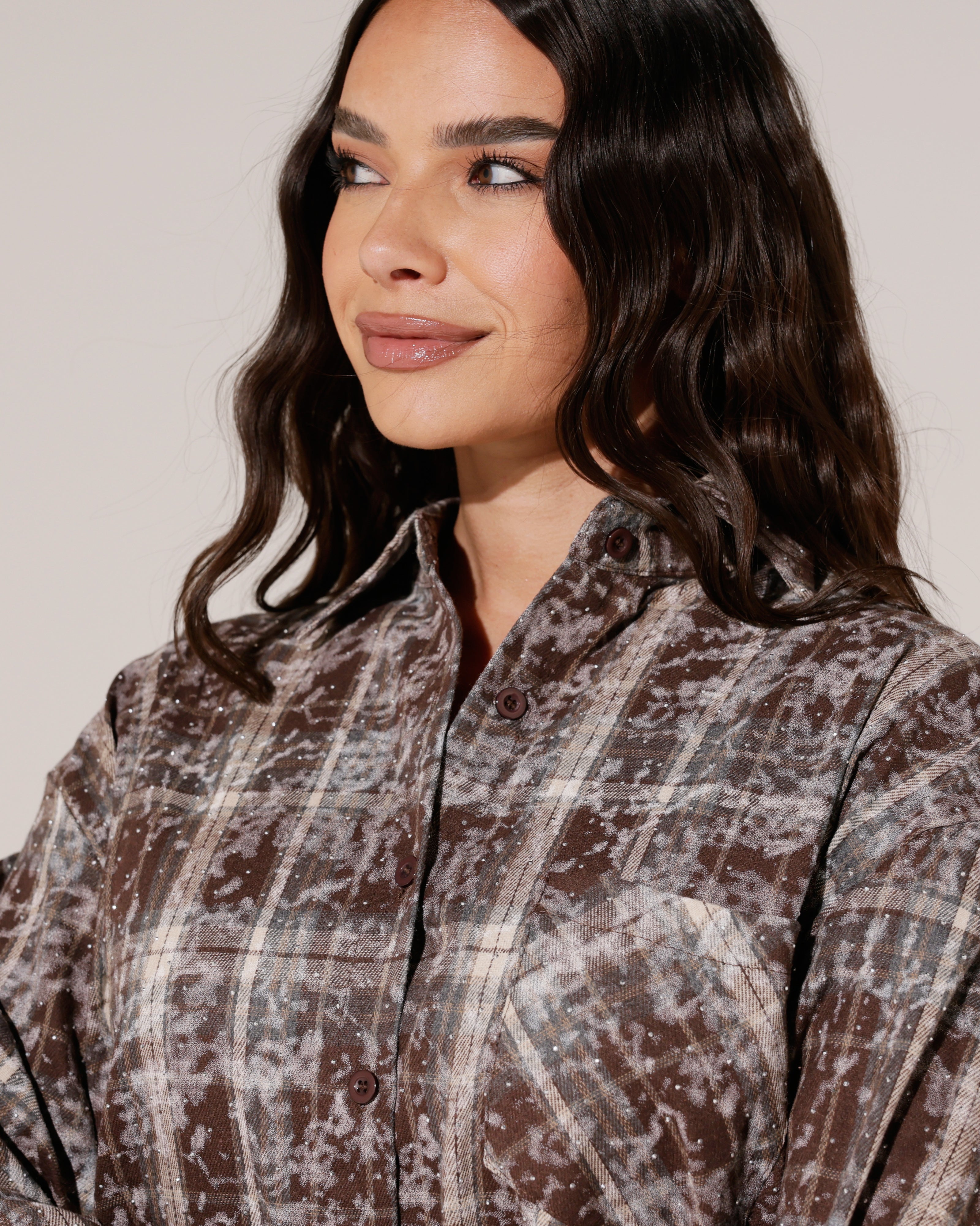Geruite blouse met strass Simone Donkerbruin