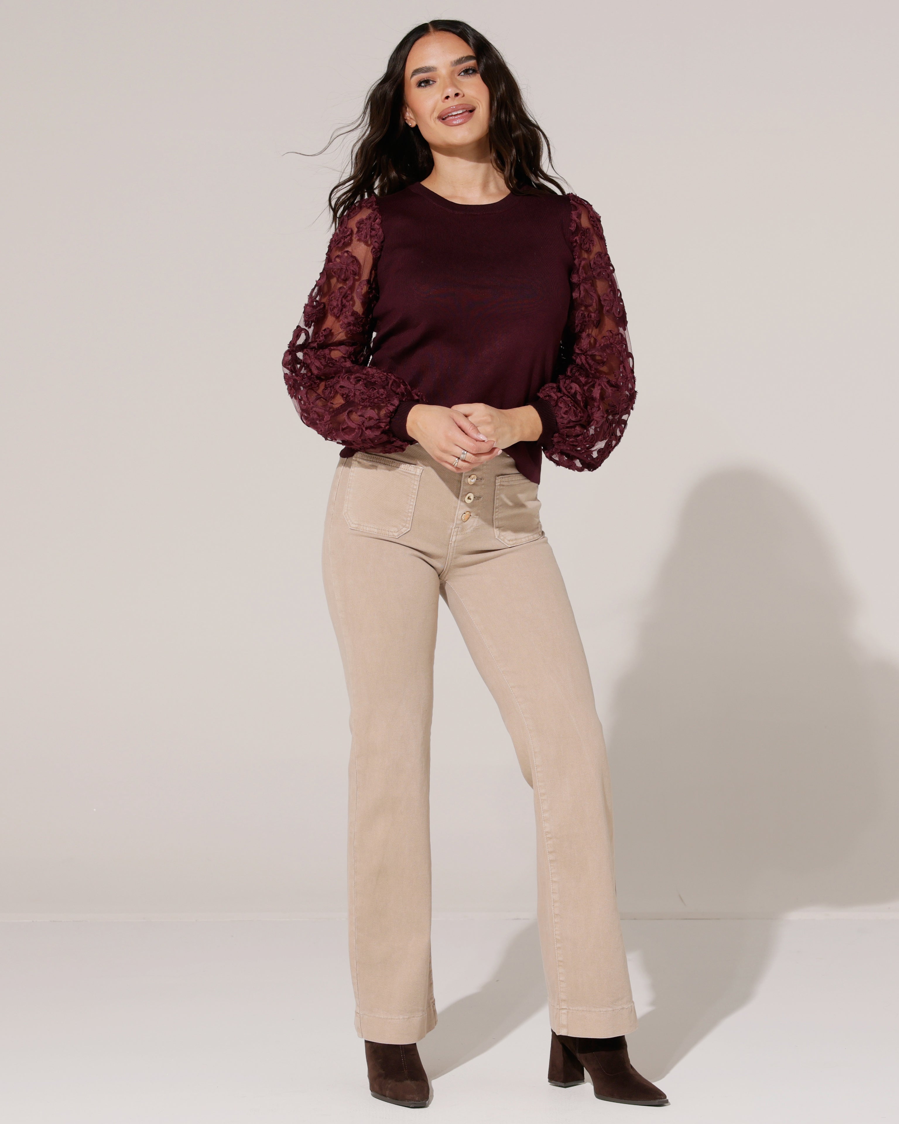 Top met voile mouwen met bloemen Lou Bordeaux