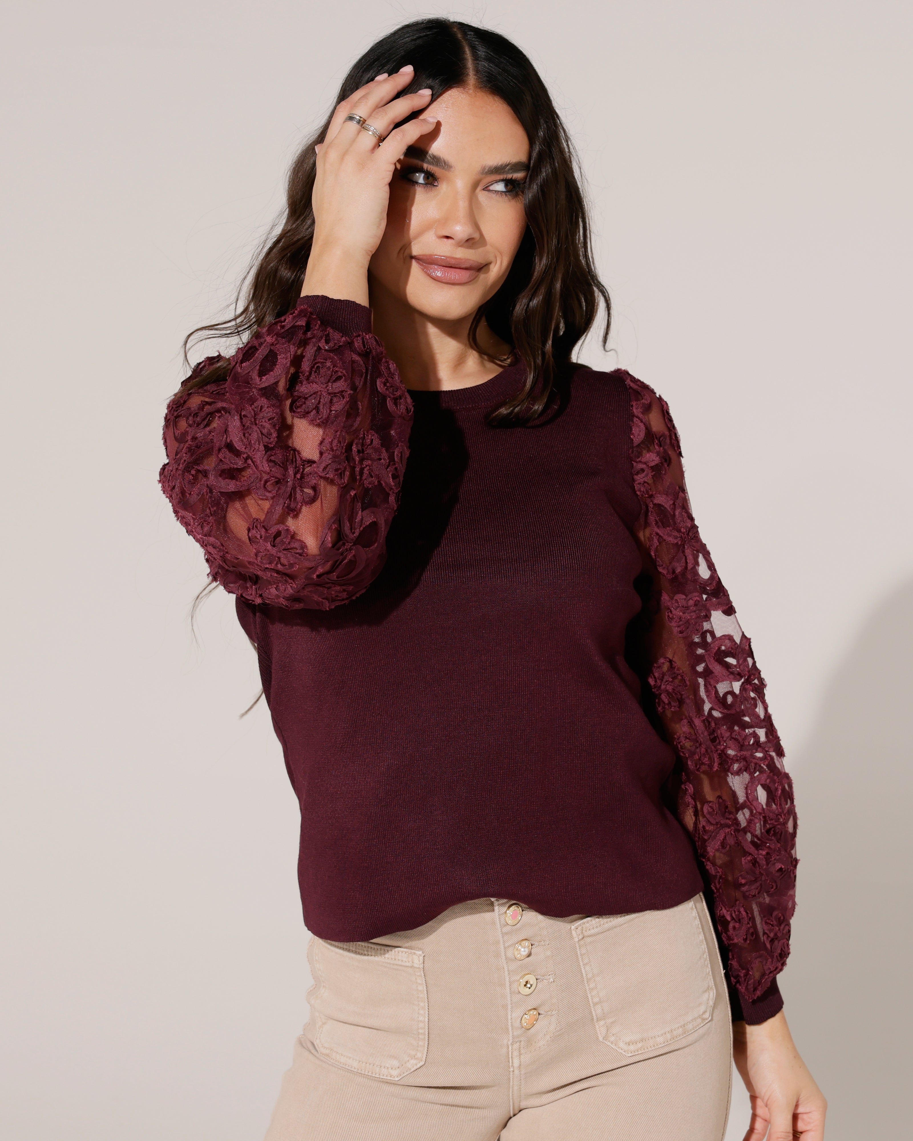 Top met voile mouwen met bloemen Lou Bordeaux