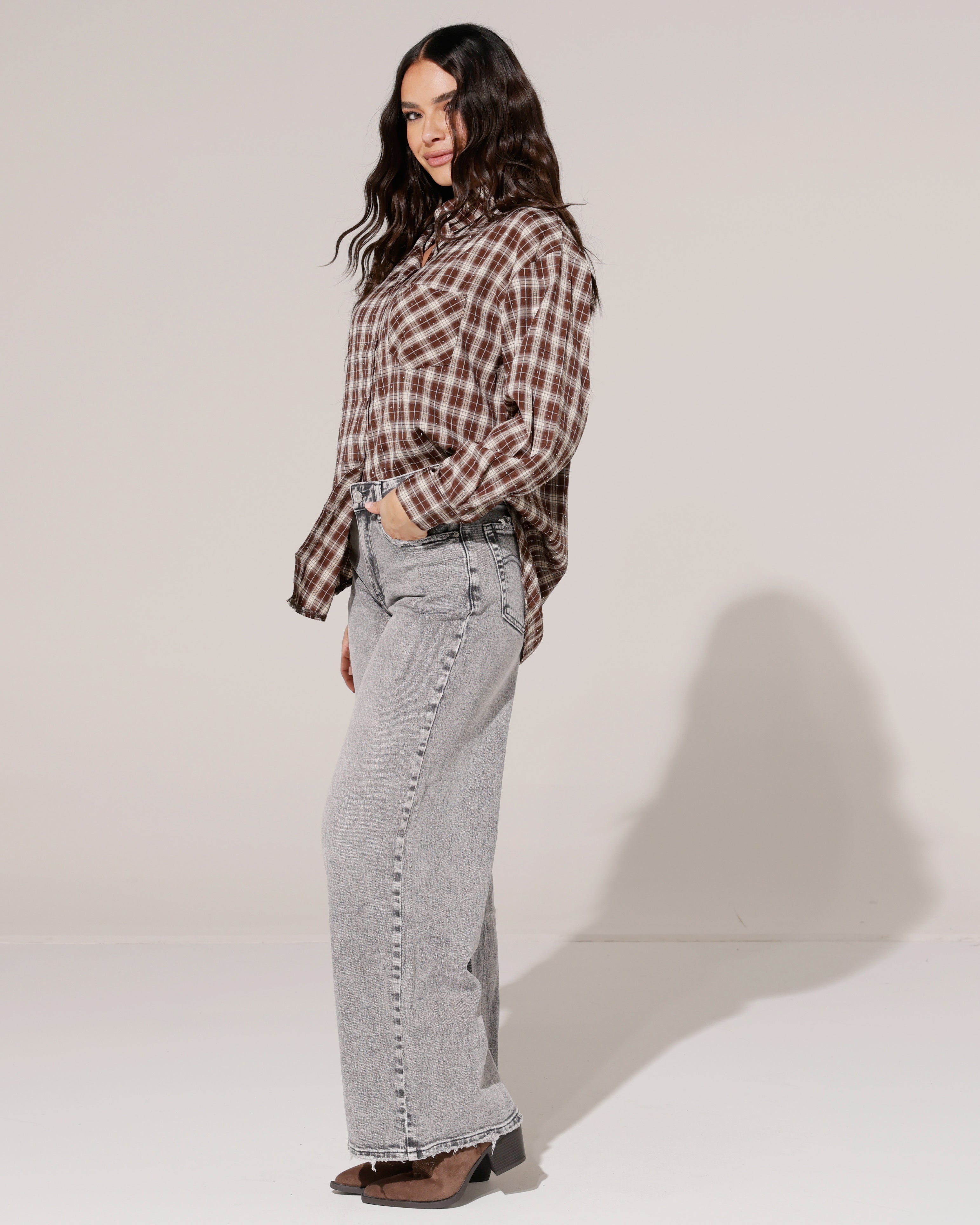Geruite blouse met stras Ella Bruin