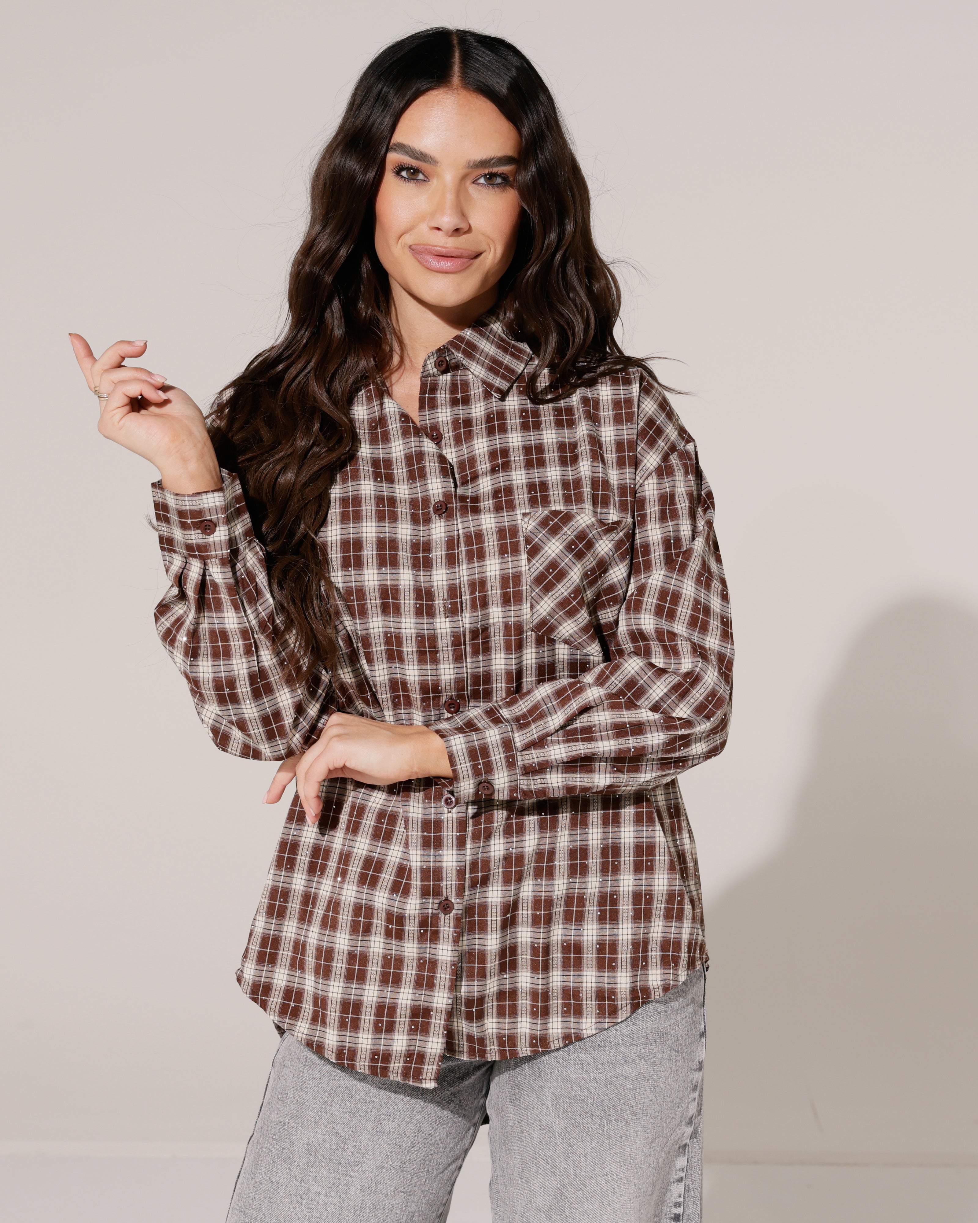 Geruite blouse met stras Ella Bruin