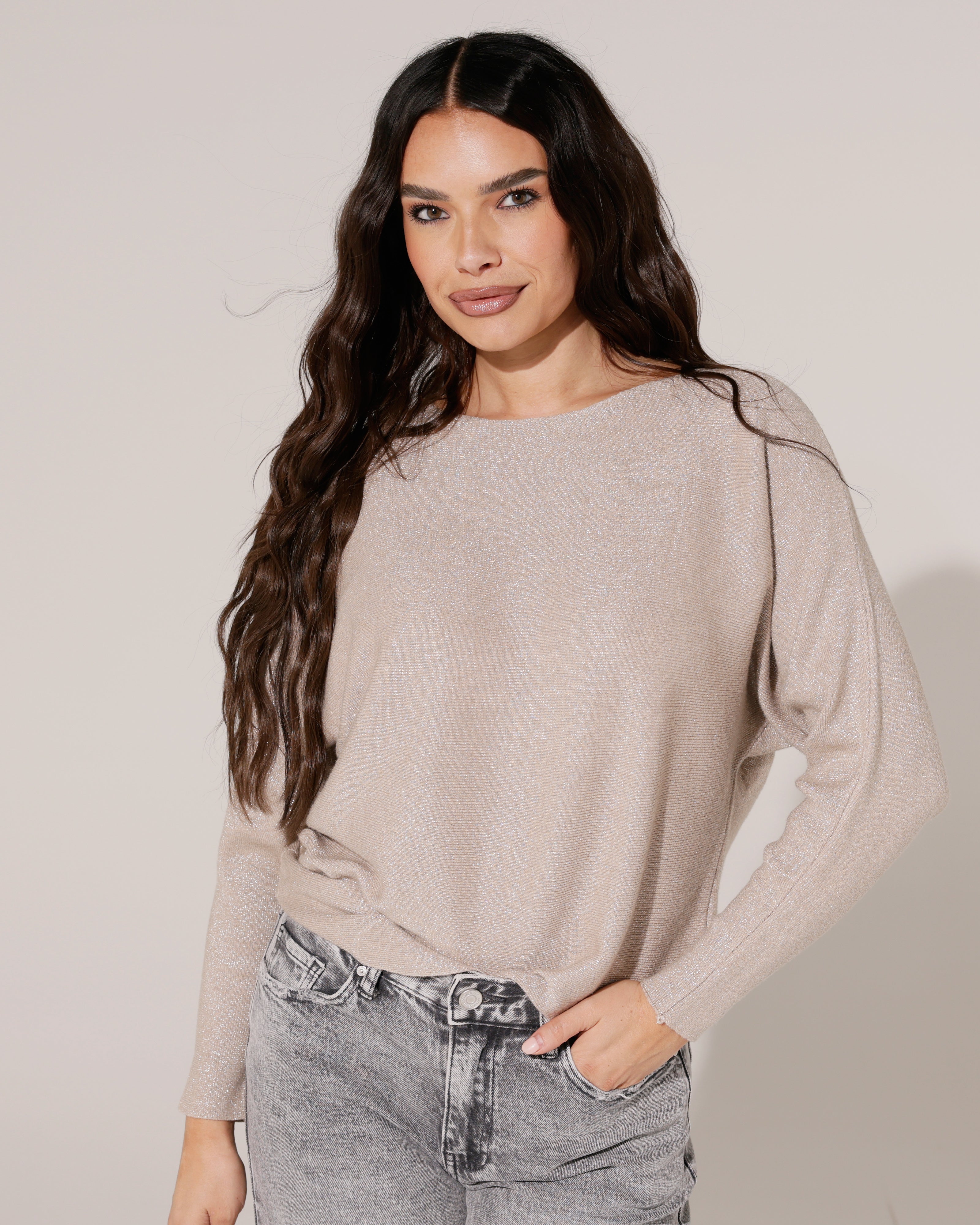 Top vleermuis mouwen en glitter Teddy Zand