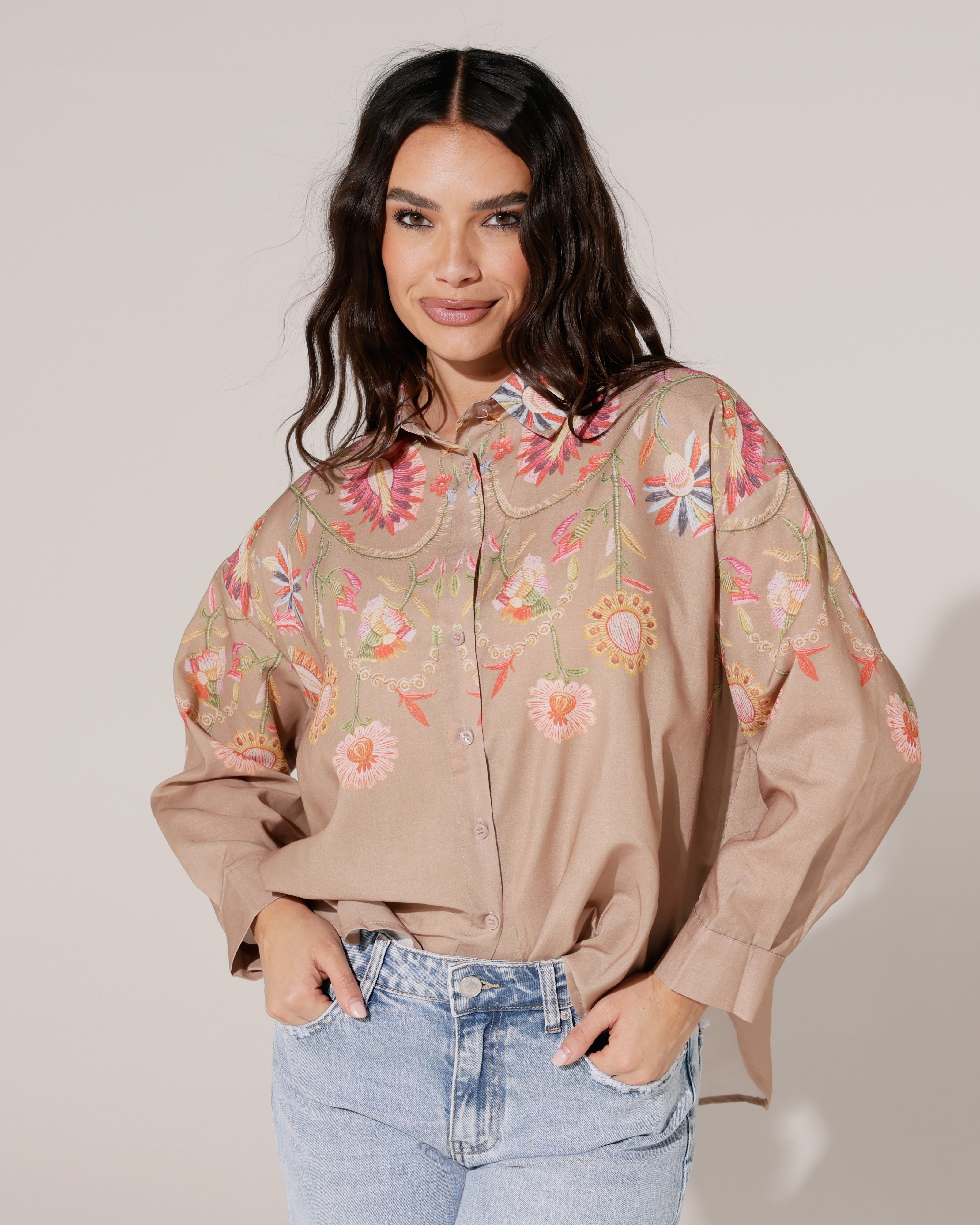 Blouse met geborduurde bloemen Lois Taupe