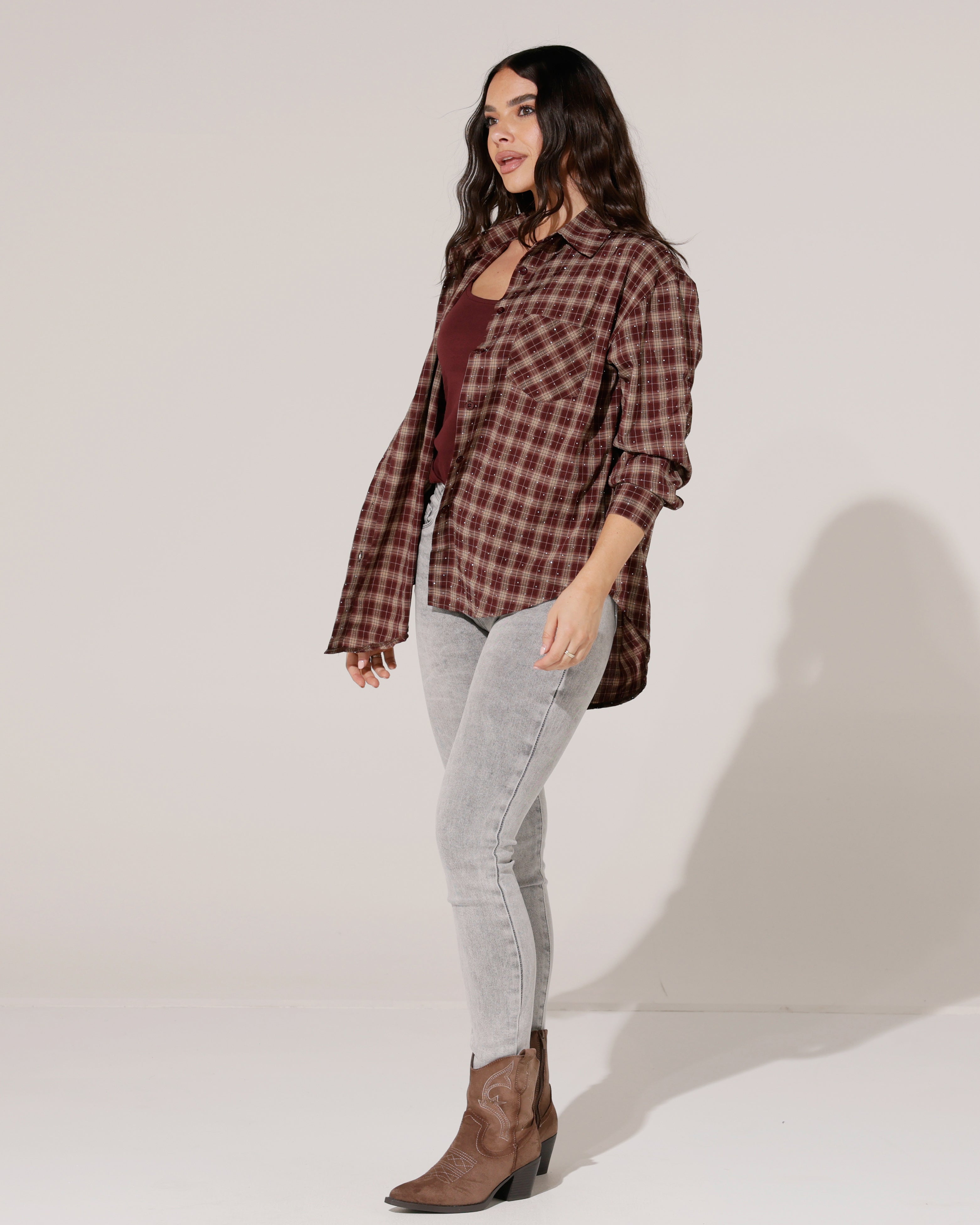 Geruite blouse met strass Ella Bordeaux