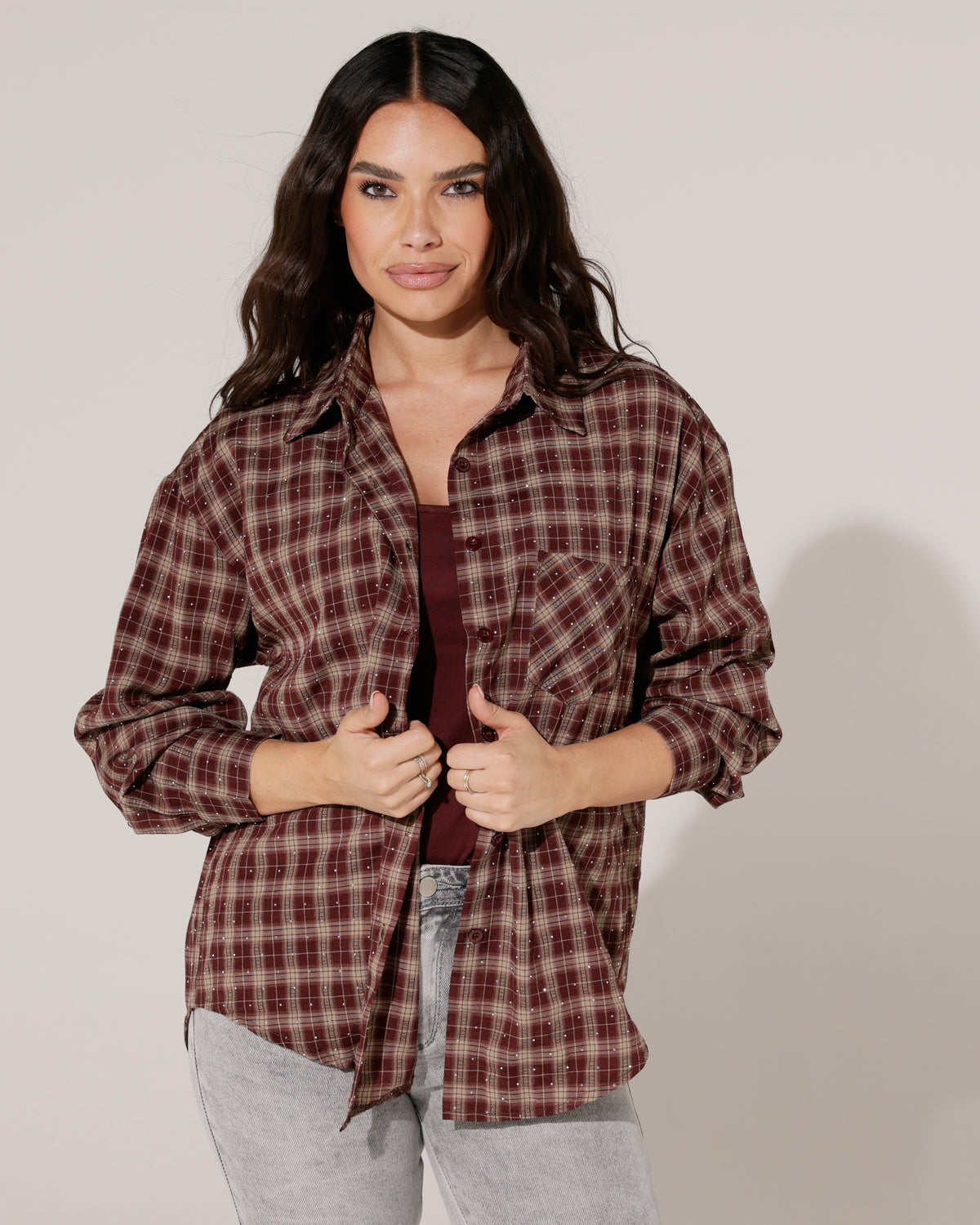 Geruite blouse met strass Ella Bordeaux