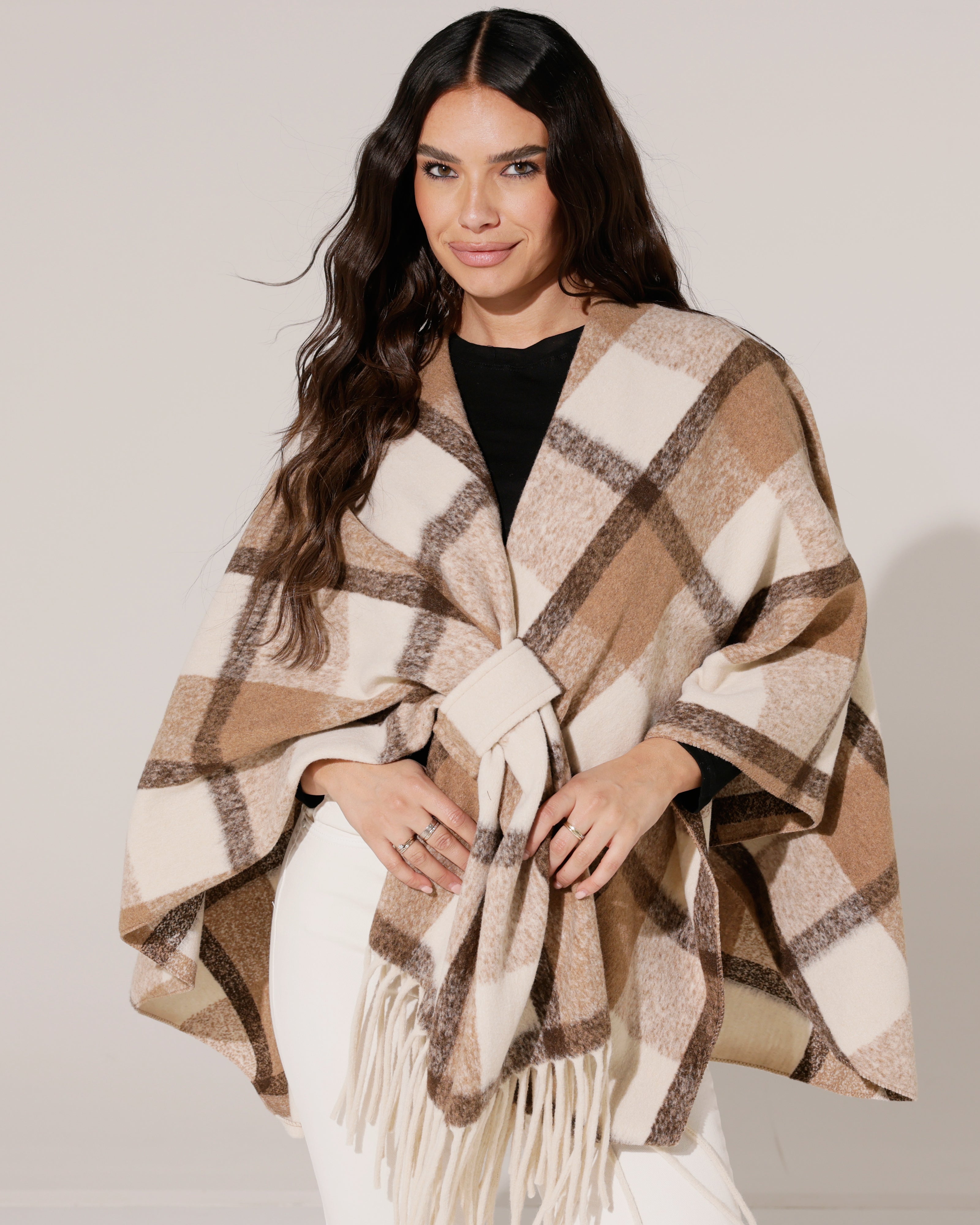 Geruite poncho Lize Taupe
