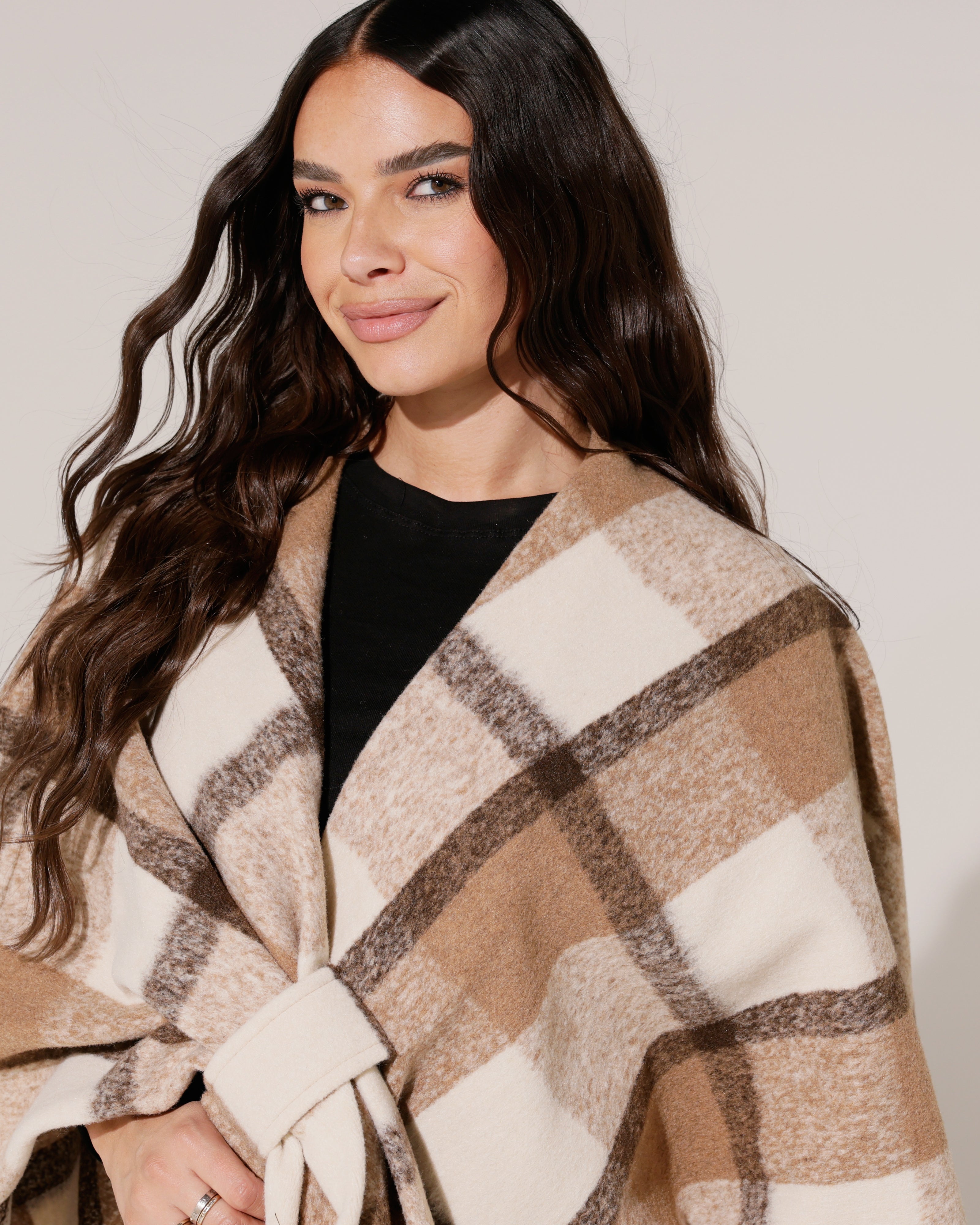 Geruite poncho Lize Taupe