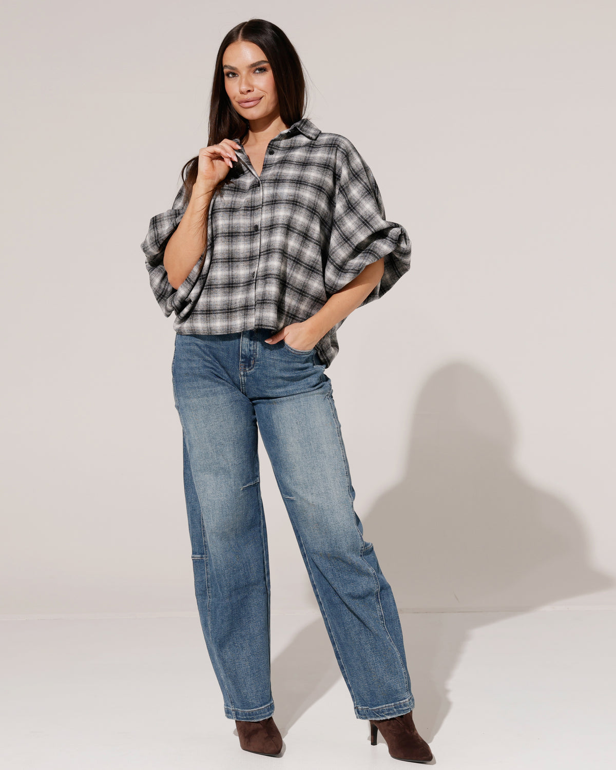 Geruite ballon blouse Nena Zwart