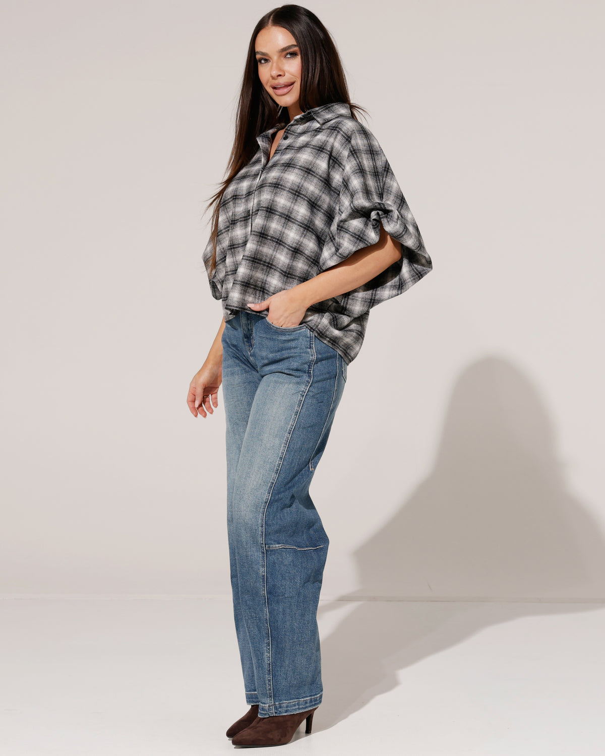 Geruite ballon blouse Nena Zwart