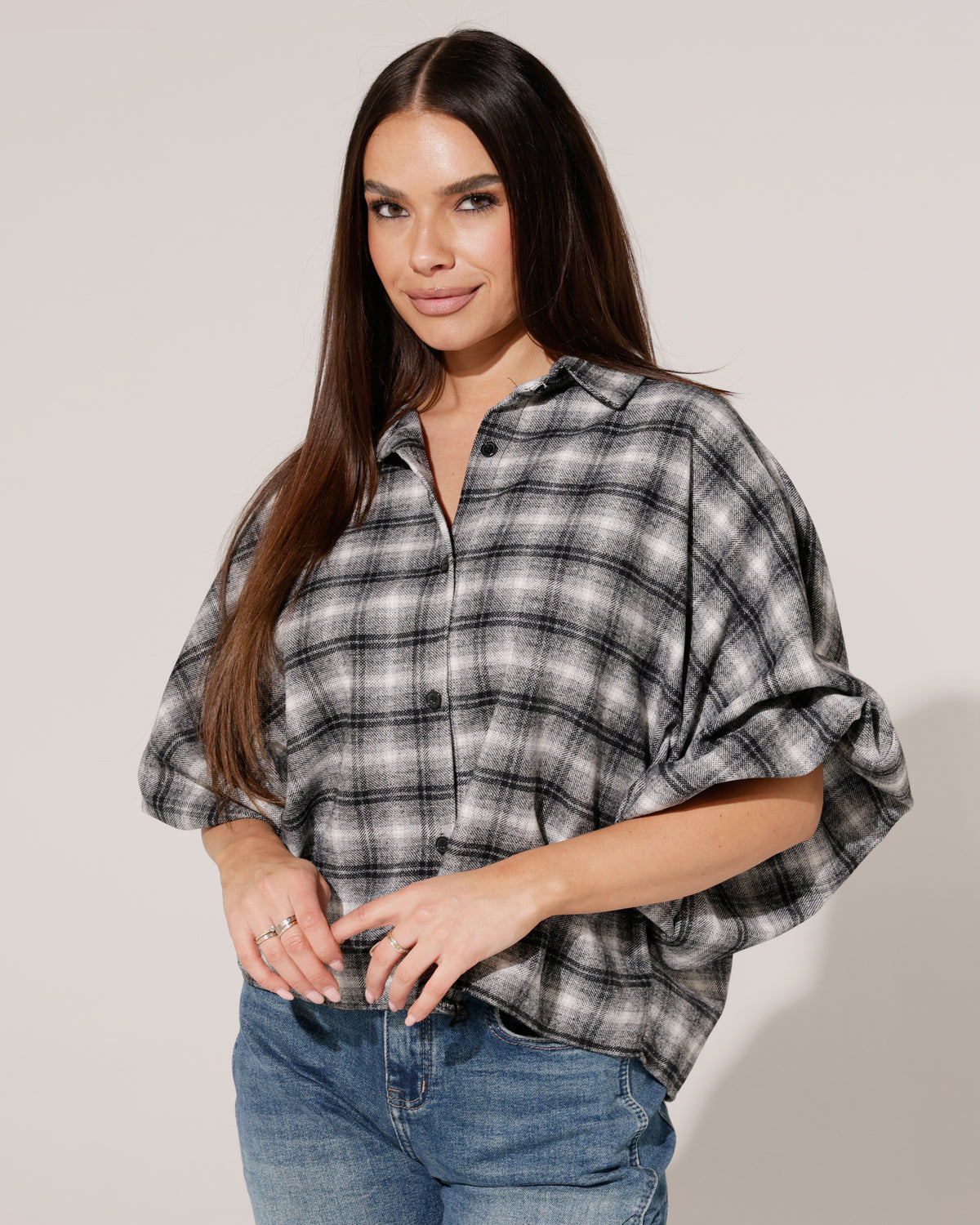 Geruite ballon blouse Nena Zwart