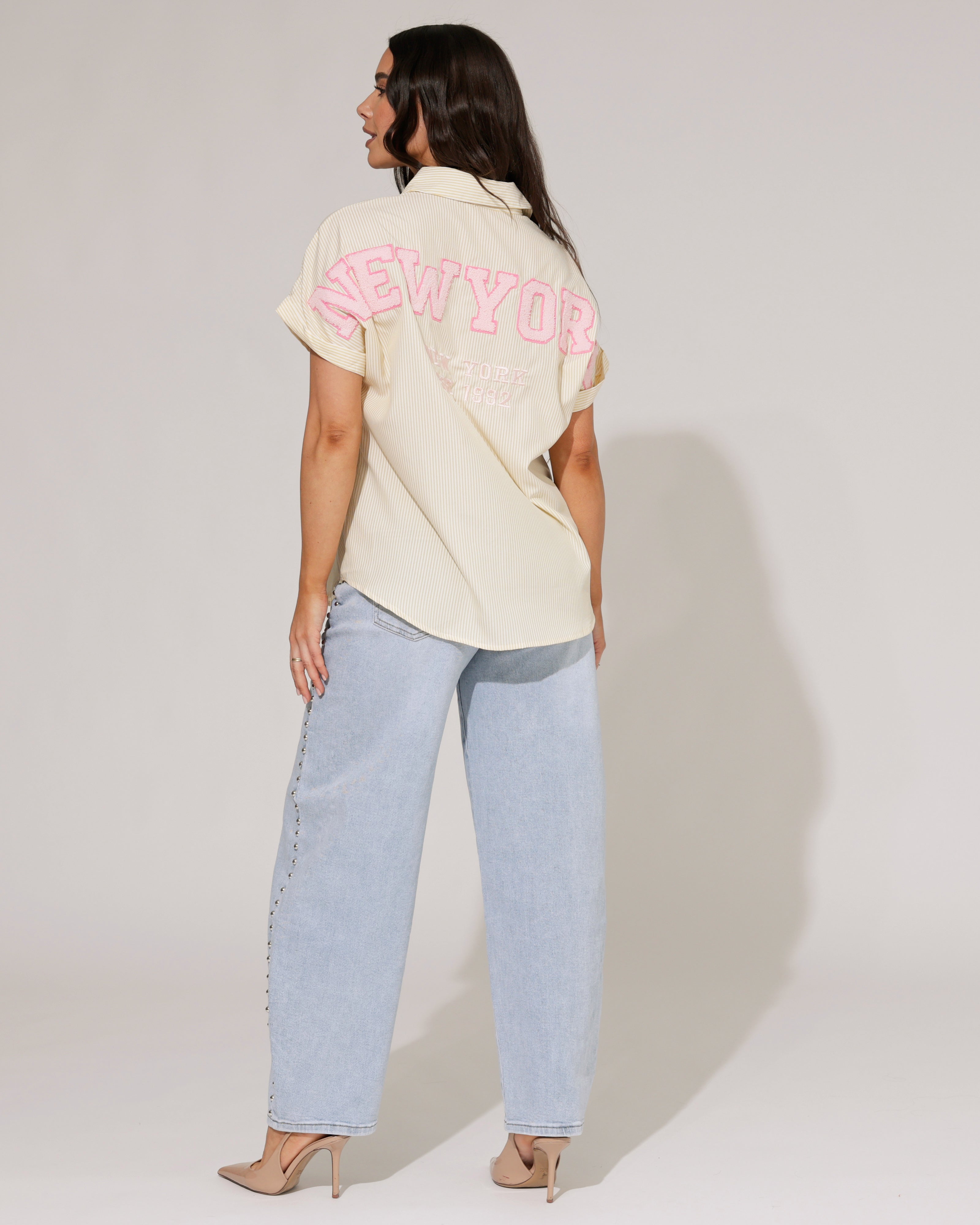 Gestreepte blouse korte mouwen NY Geel
