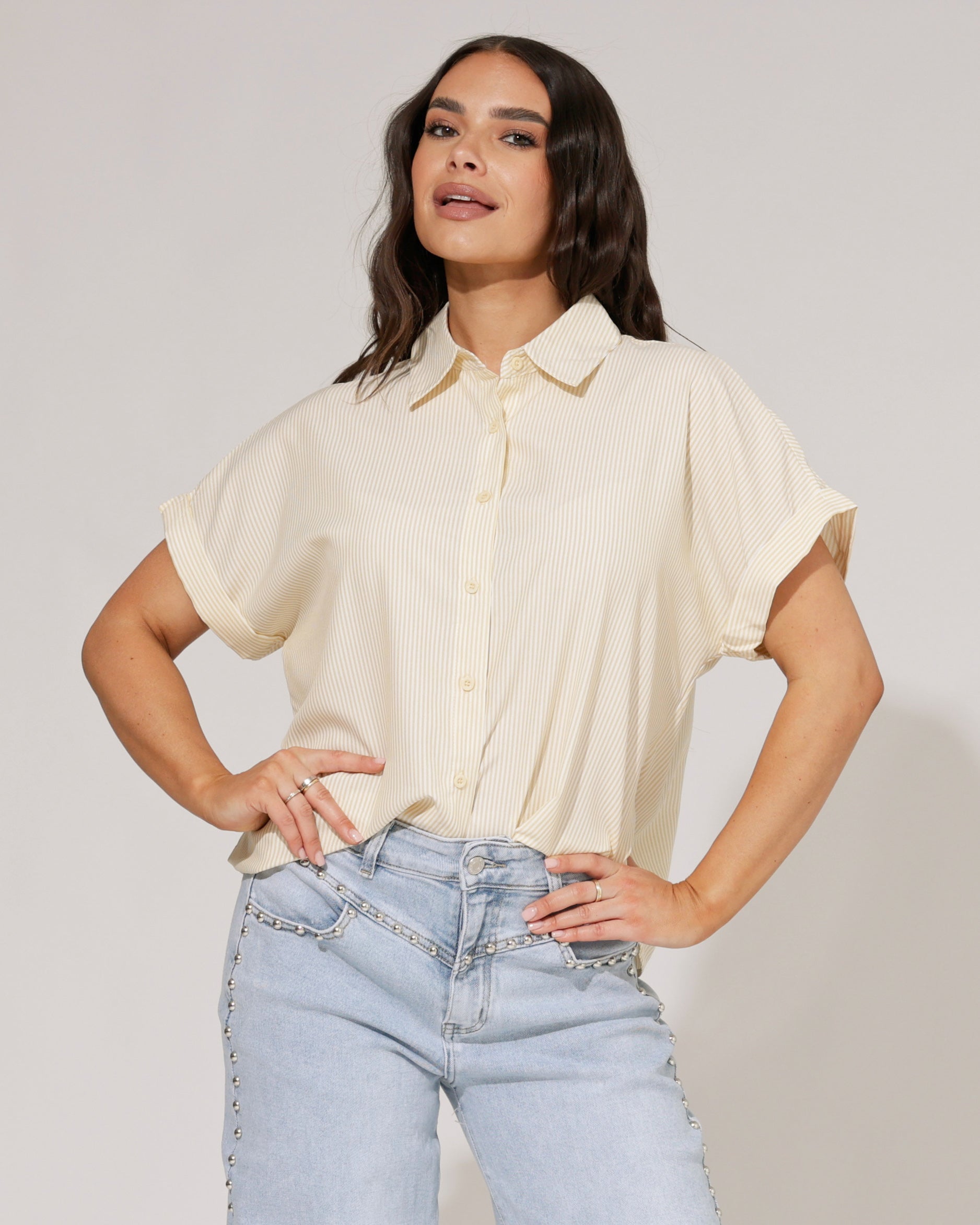 Gestreepte blouse korte mouwen NY Geel