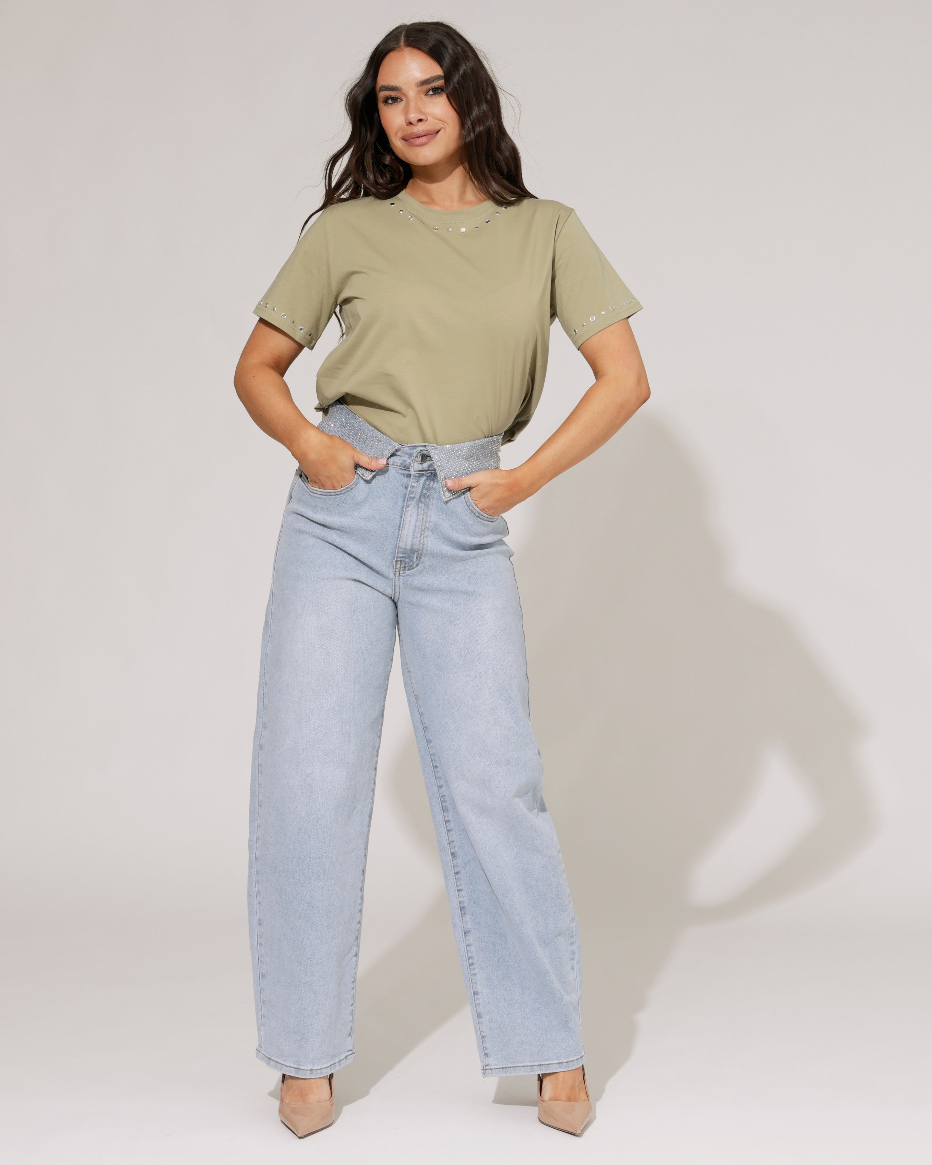 VS Miss | Barrel jeans strass omslag Liv Blauw