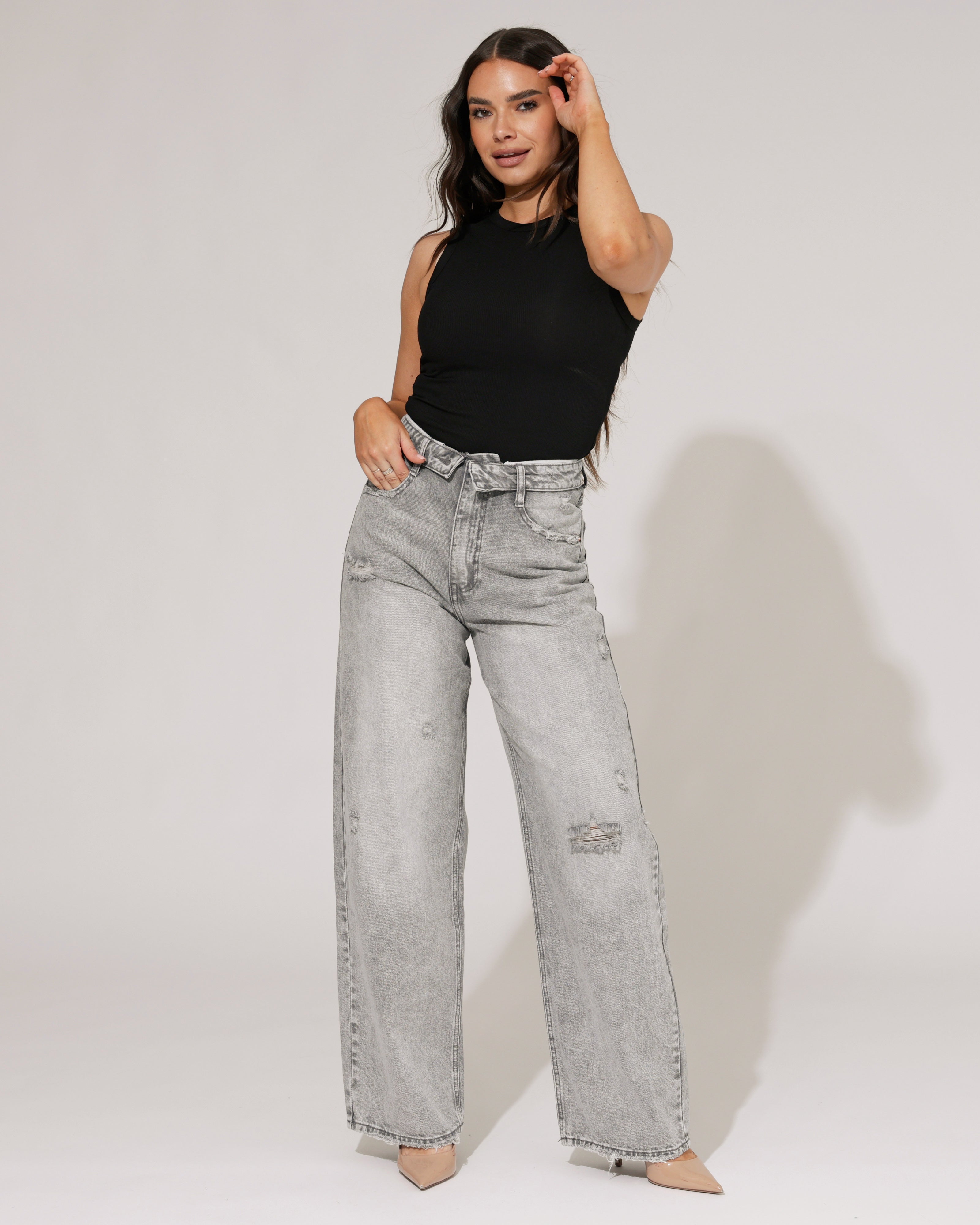 Queen Hearts | Baggy wide leg jeans met omslag Deb-2 Grijs