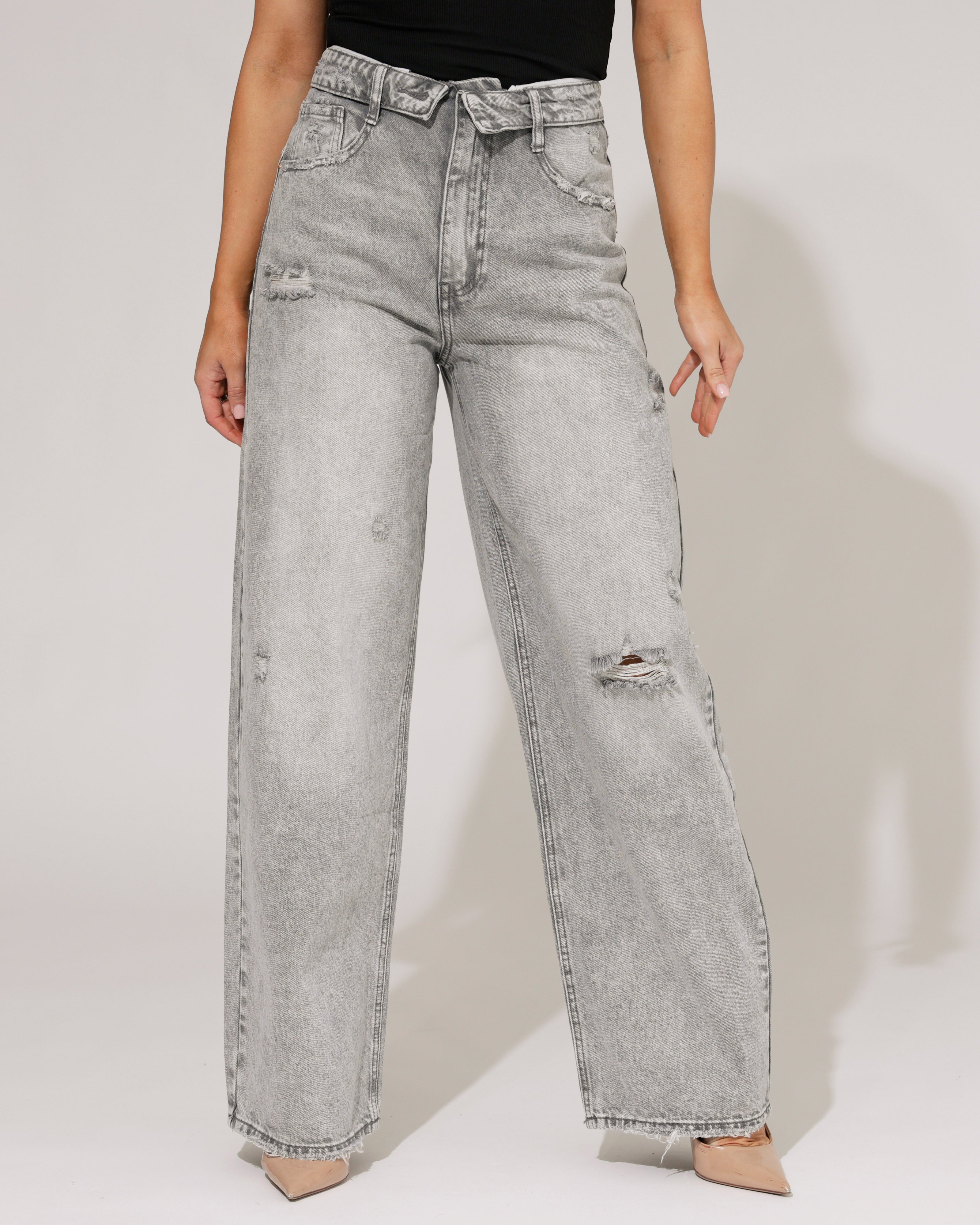 Queen Hearts | Baggy wide leg jeans met omslag Deb-2 Grijs