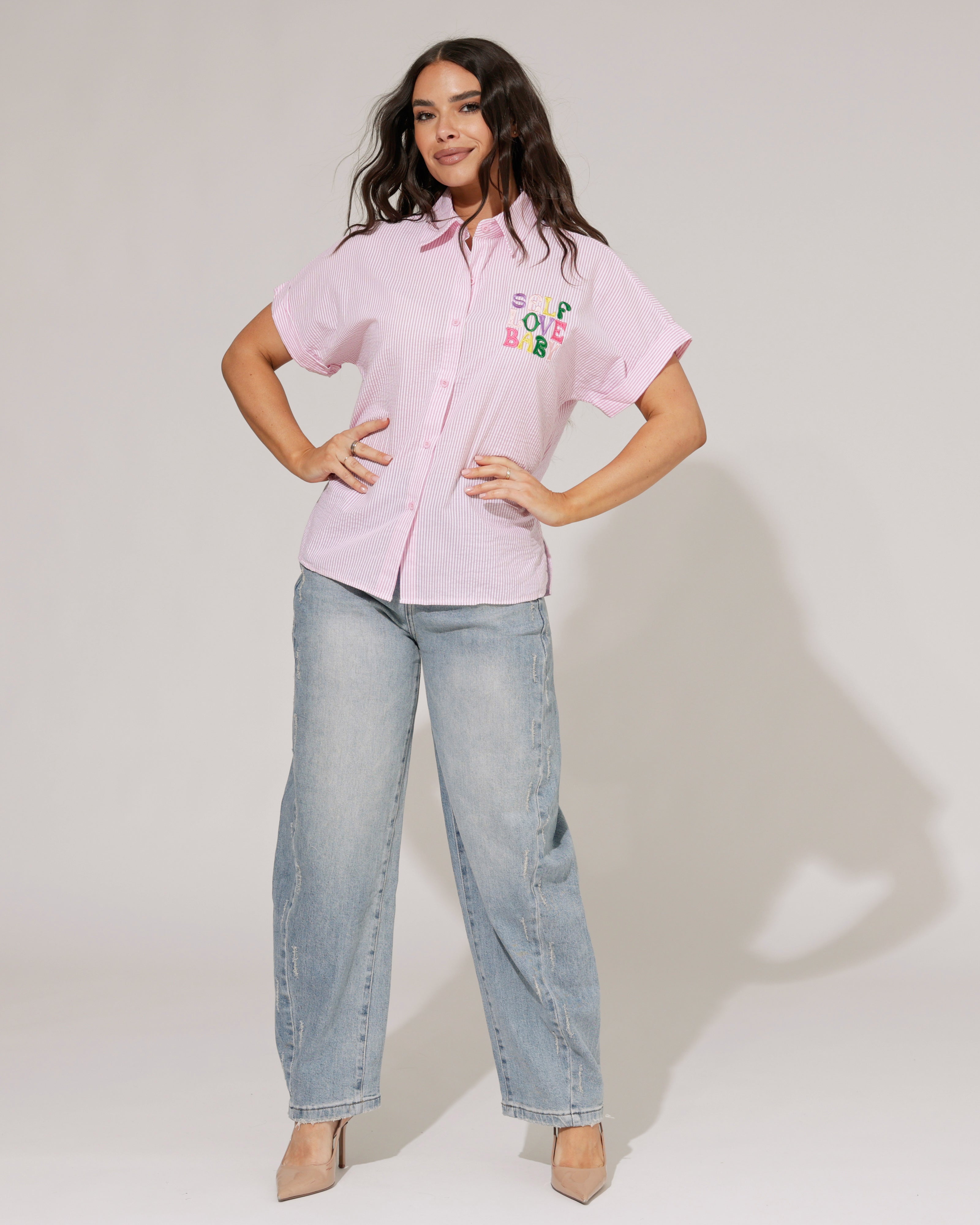 Gestreepte blouse Self love Roze