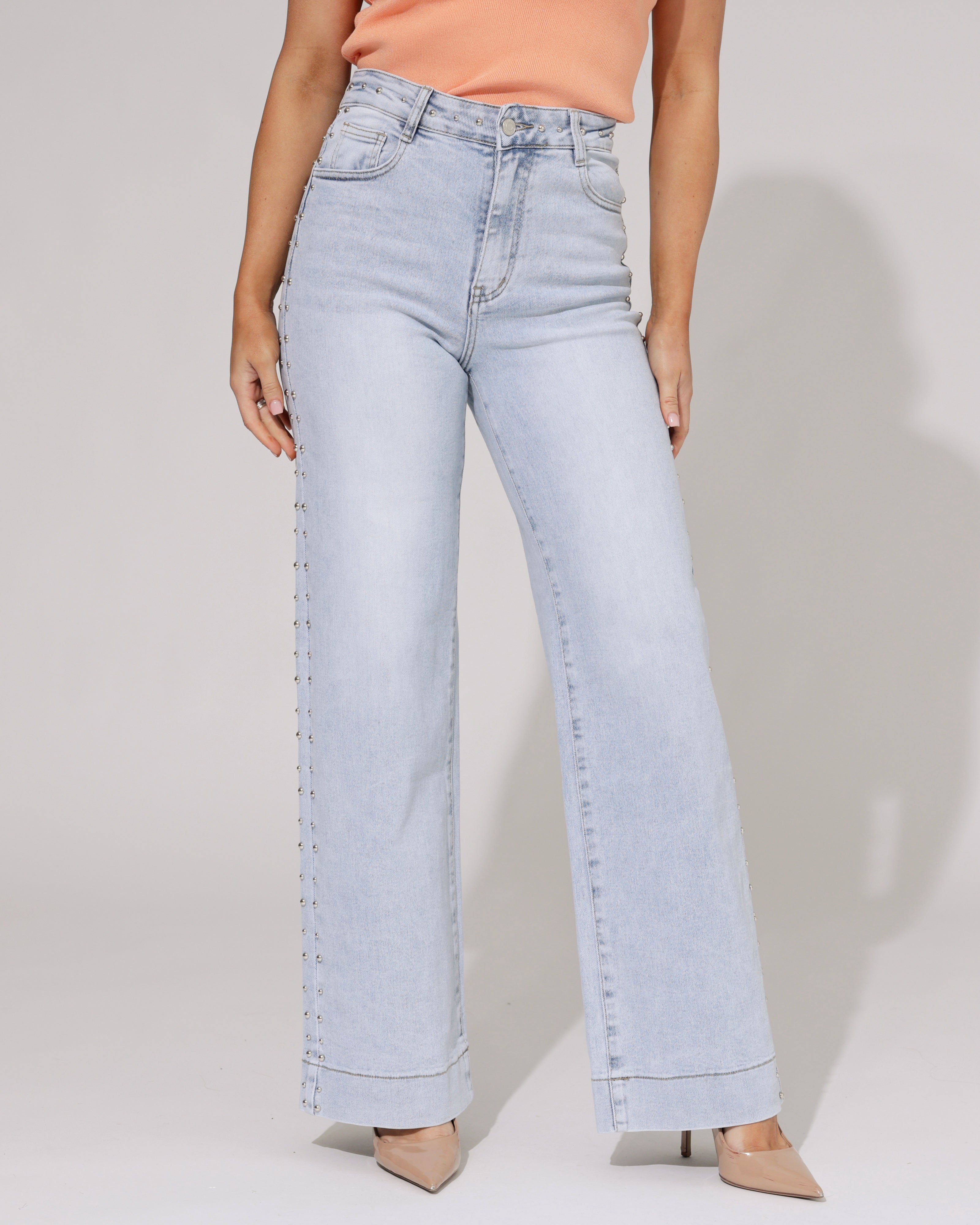 Laulia | Wide leg jeans met studs Simone-8 Blauw