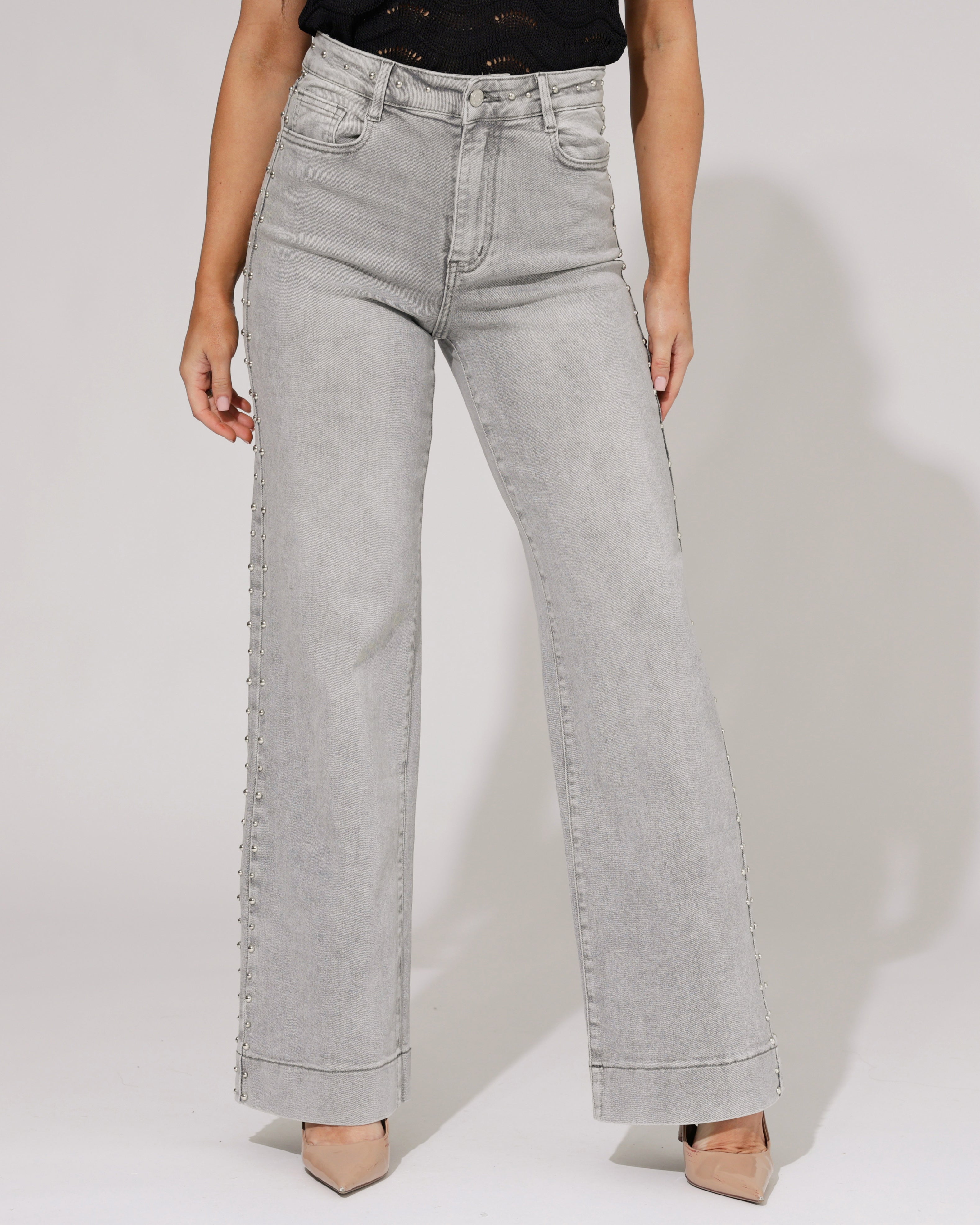 Laulia | Wide leg jeans met studs Simone-9 Grijs