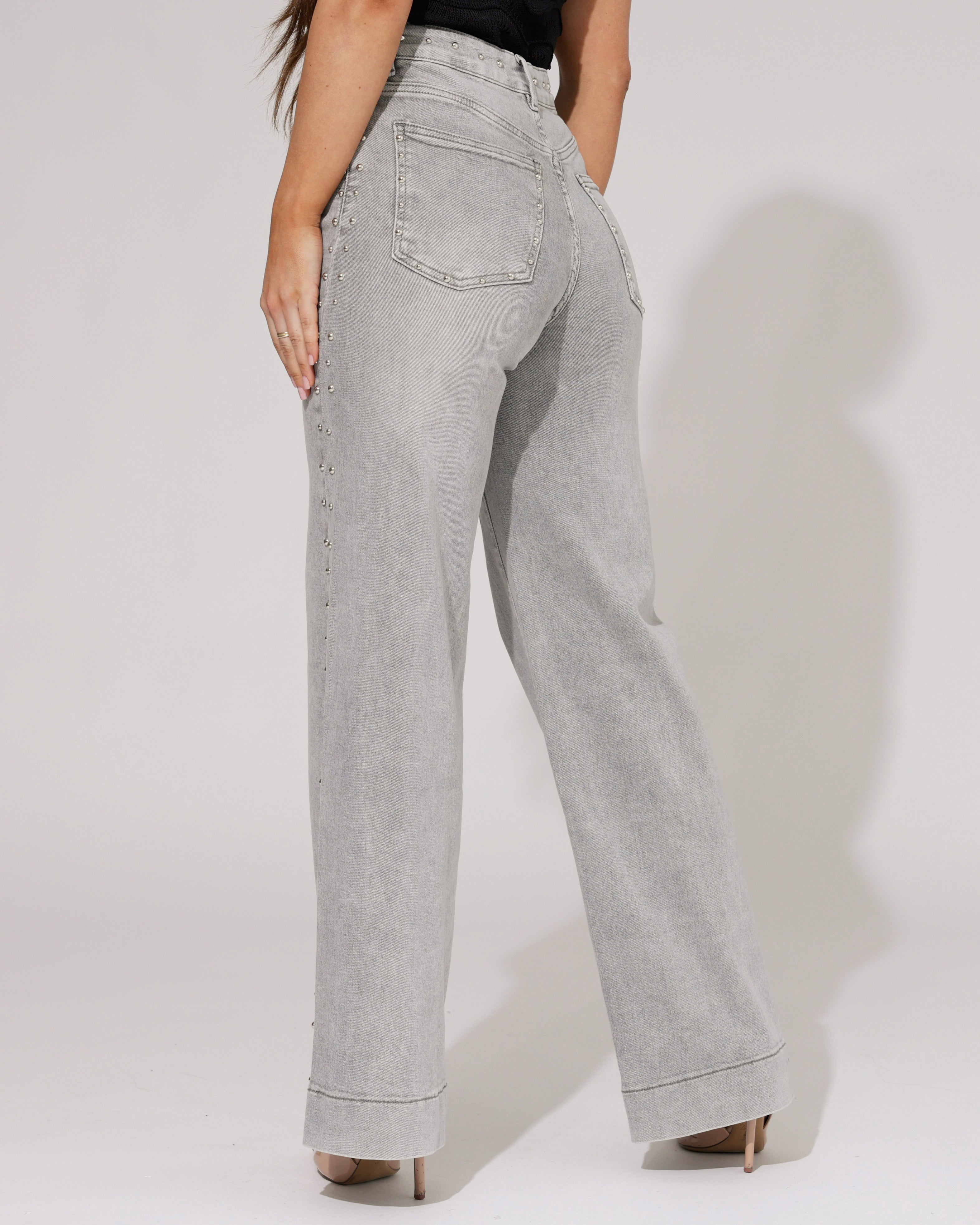 Laulia | Wide leg jeans met studs Simone-9 Grijs
