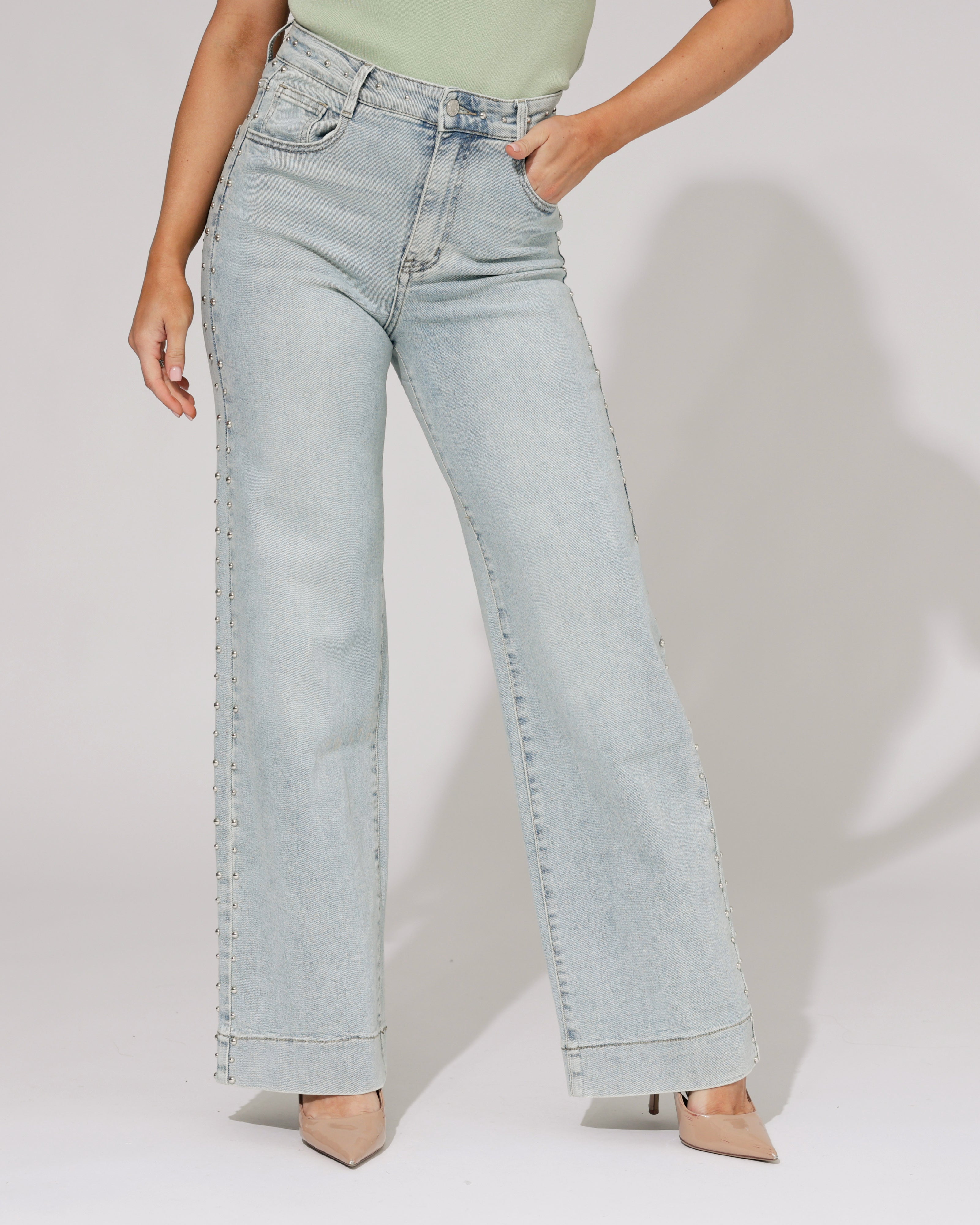 Laulia | Wide leg jeans met studs Simone-5 Blauw