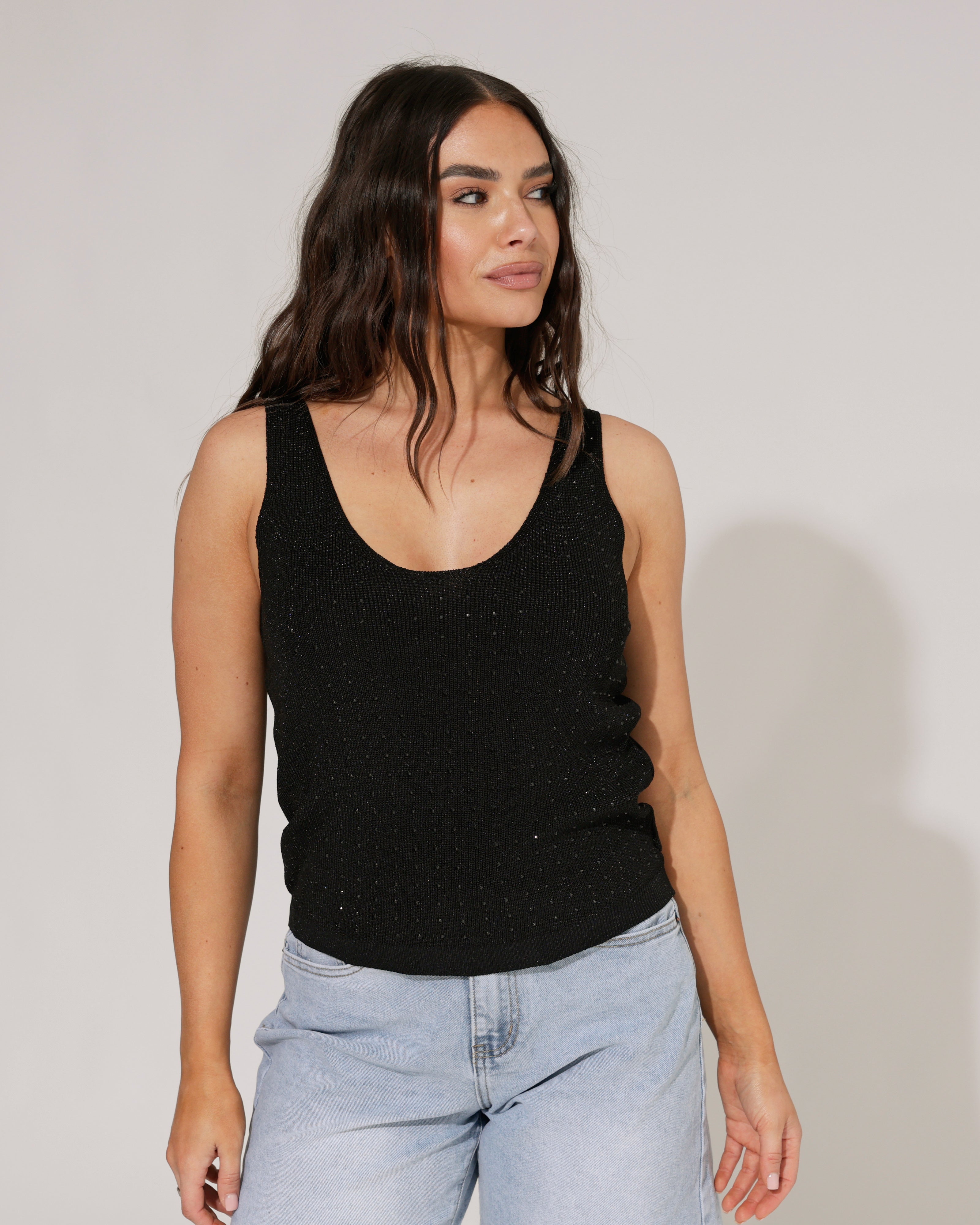 Mouwloze lurex top strass Sindey Zwart